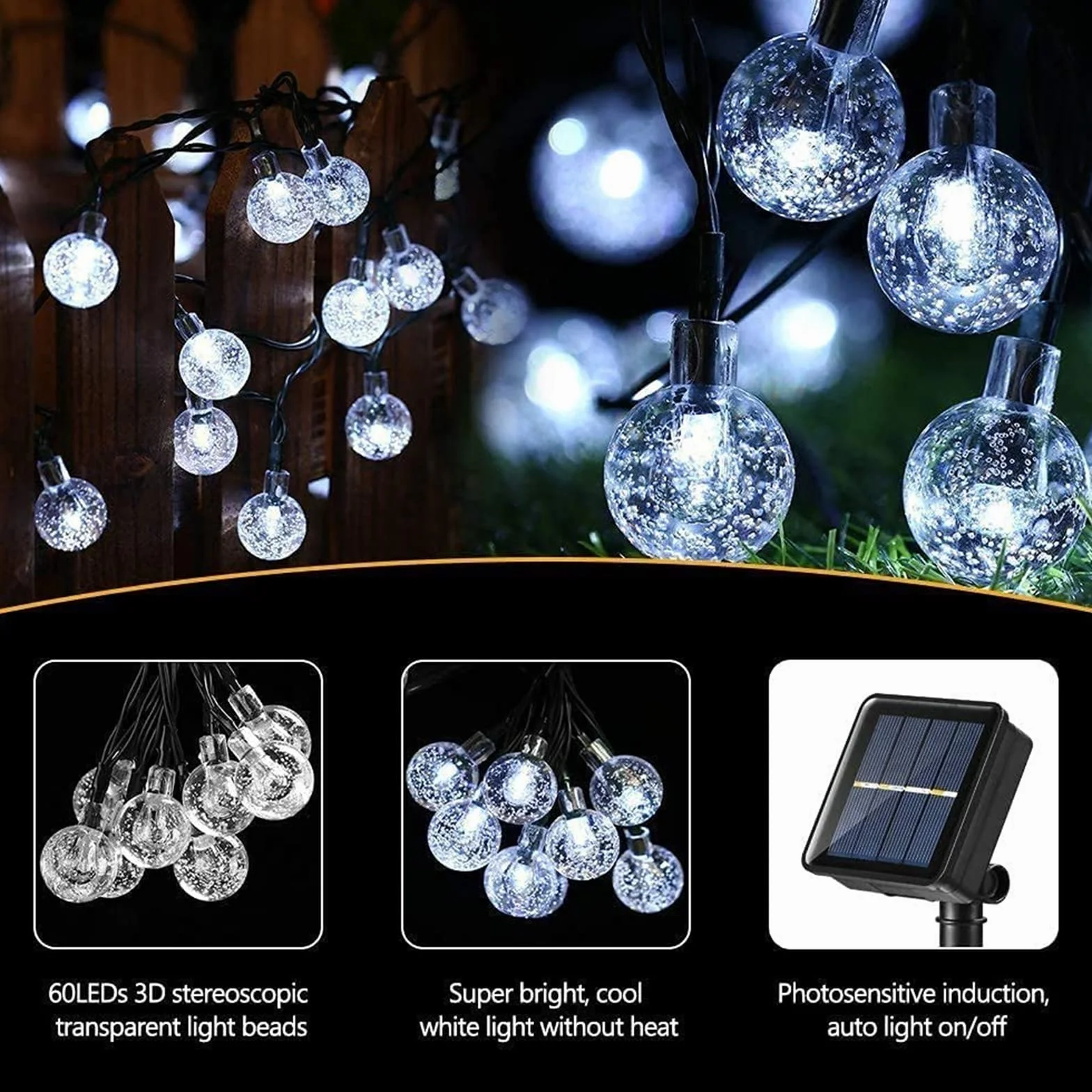 Solarne lampy ogrodowe na zewnątrz, 10 m, 60 diod LED, solarne łańcuchy świetlne, wodoodporne, zasilane energią słoneczną, kryształowa kula do wewnątrz i na zewnątrz, dekoracyjne światła do ogrodu, na patio, do podwórka, na święta, imprezy, białe