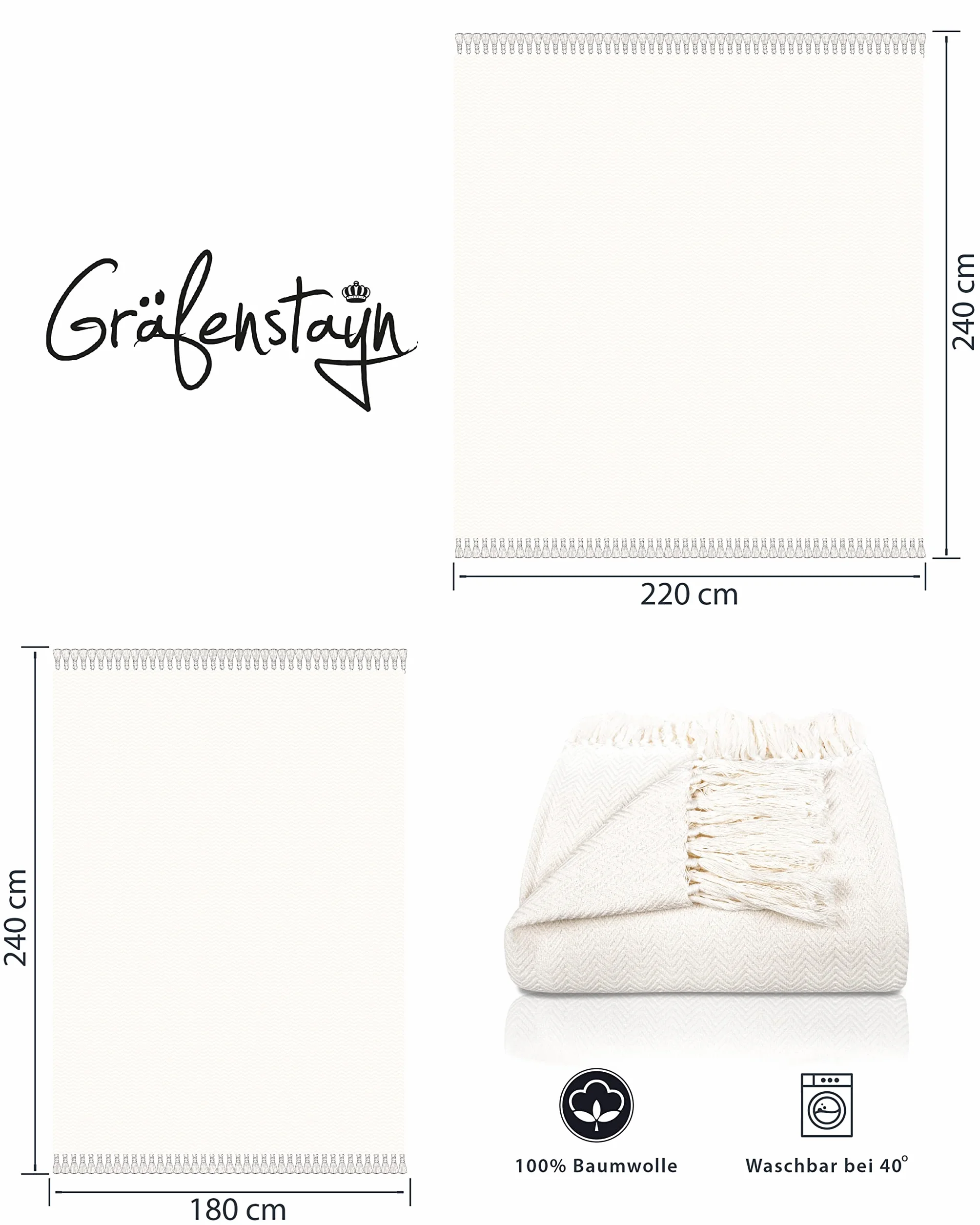 Gräfenstayn Narzuta klasy premium z frędzlami, 100% bawełna, wzór w jodełkę, koc, na lato, na łóżko, na kanapę, na sofę, 180 x 240 cm, kremowa