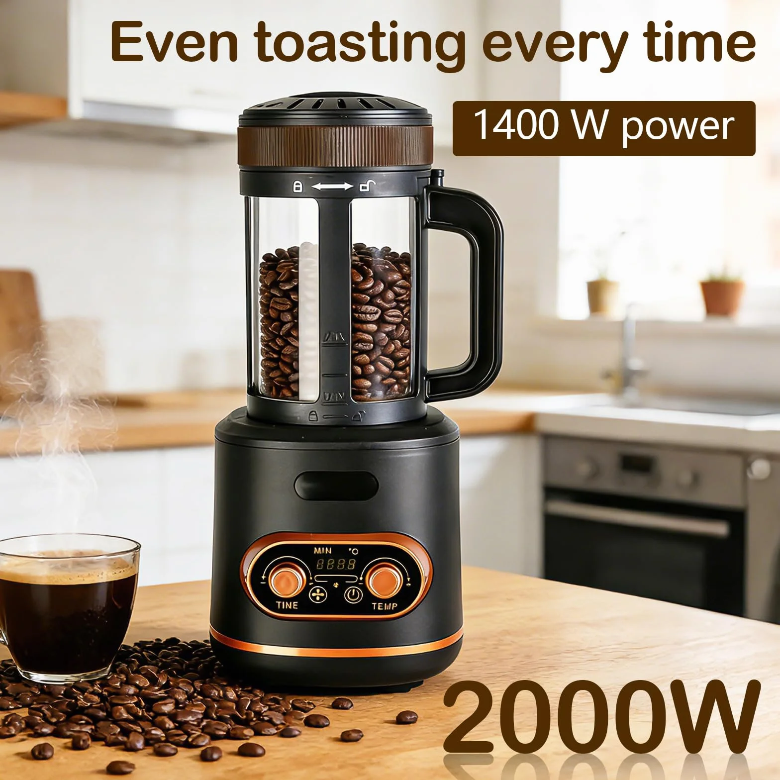 Piec do prażenia kawy na gorącym powietrzu 200g, 2200W Automatyczna maszyna do prażenia kawy, Rozdzielana miseczka na ziarna kawy, Regulowana temperatura i czas bezstopniowo, idealna do domu