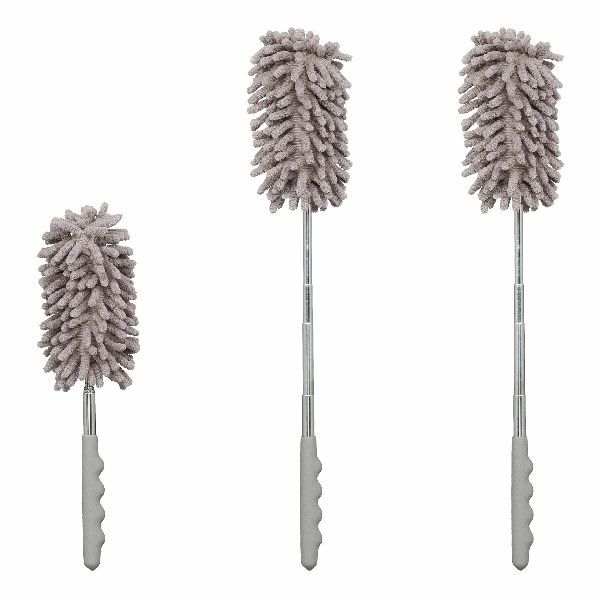 Relaxdays Miotełka do kurzu, zestaw 3 szt., wysuwany drążek teleskopowy do 77 cm, zmywalna mikrofibra, do samochodu i gospodarstwa domowego, mop do kurzu, szara