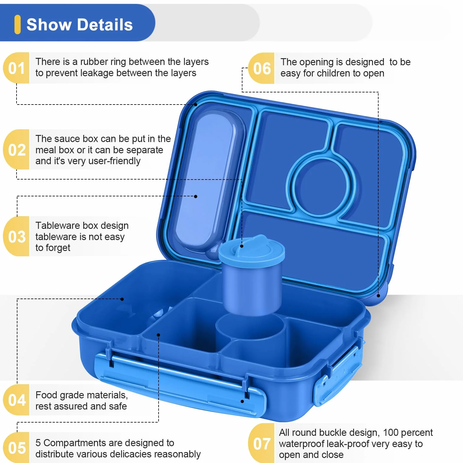 Amathley Bento Lunch Box Dla Dzieci,Pudełko na Lunch Dla Dzieci/Dorosłych,1300ML Szczelne Lunch,ze Pudełko Na Sos i 5 Przegródkami,Nbez BPA, Można Używać w (Ciemnoniebieski)