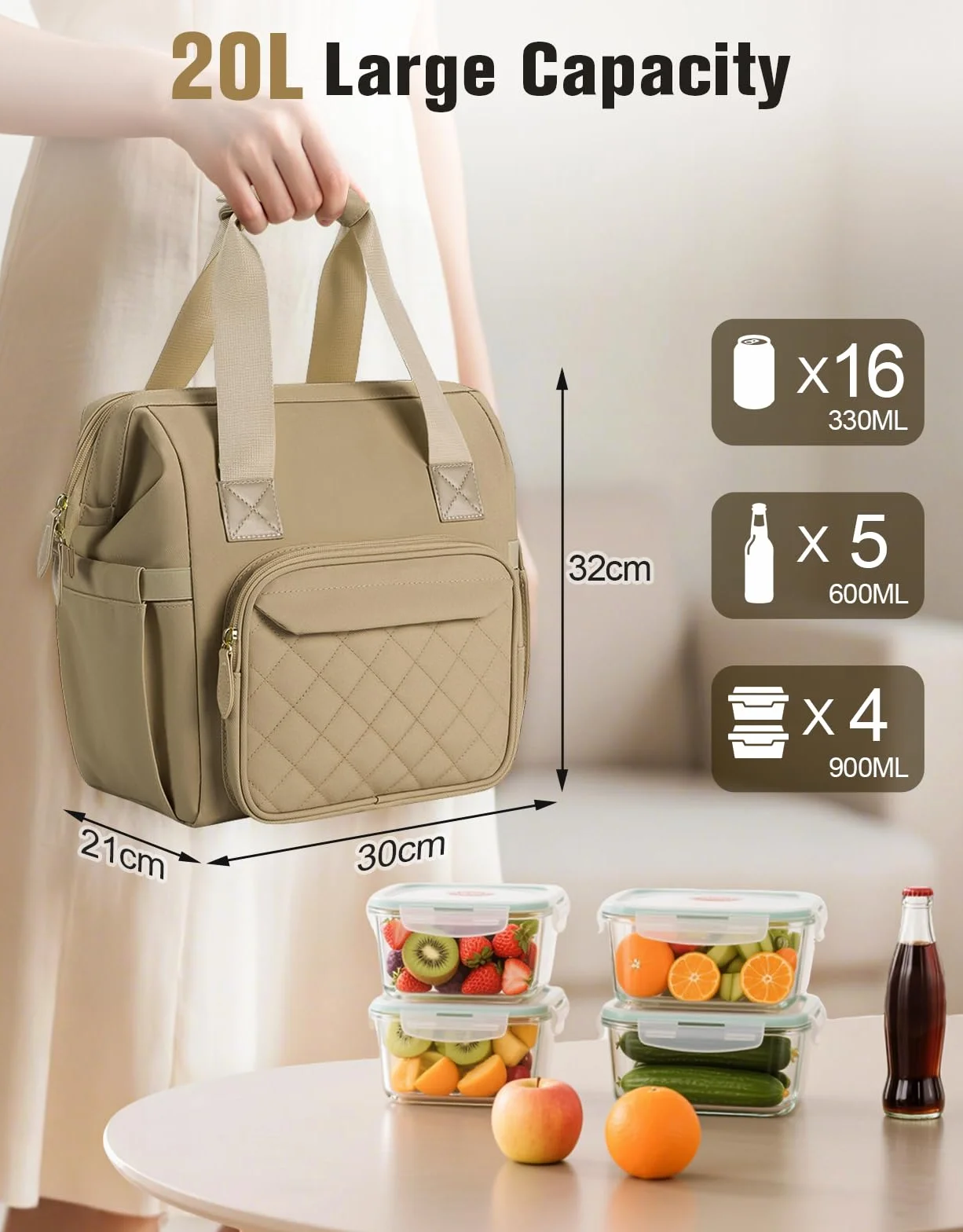 ISEYOU Izolowana torba na lunch dla kobiet i mężczyzn, duża torba na lunch o pojemności 20 l z szerokim otworem, szczelna torba termoizolacyjna z wieloma kieszeniami, torby na lunch z regulowanym