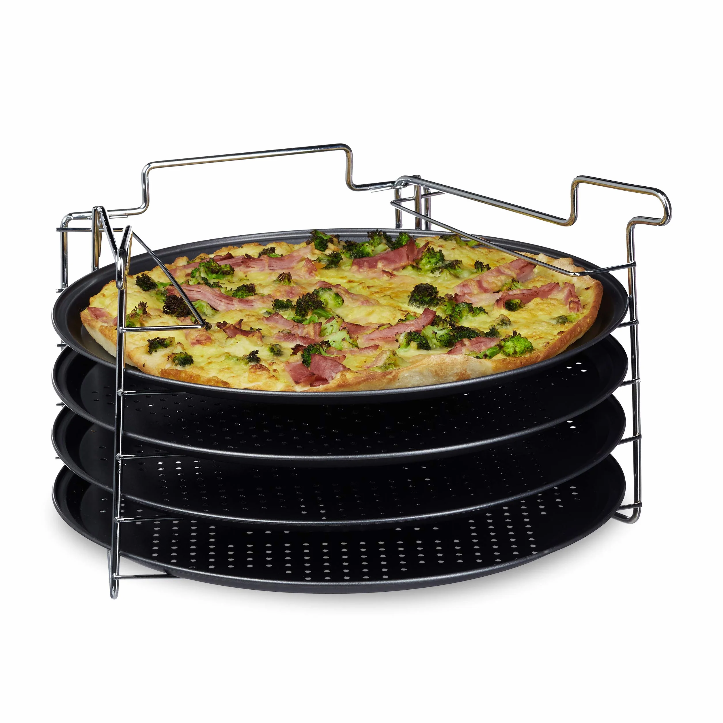 Relaxdays zestaw 4 okrągłych blach do pizzy, powłoka non-stick, forma z żelaza, do piekarnika, 20 x 32 x 32 cm, szary