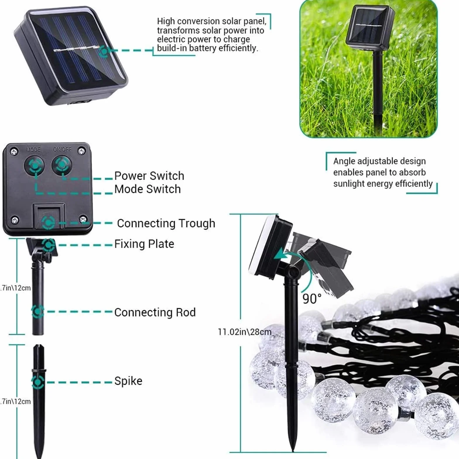 Solarne lampy ogrodowe na zewnątrz, 10 m, 60 diod LED, solarne łańcuchy świetlne, wodoodporne, zasilane energią słoneczną, kryształowa kula do wewnątrz i na zewnątrz, dekoracyjne światła do ogrodu, na patio, do podwórka, na święta, imprezy, białe