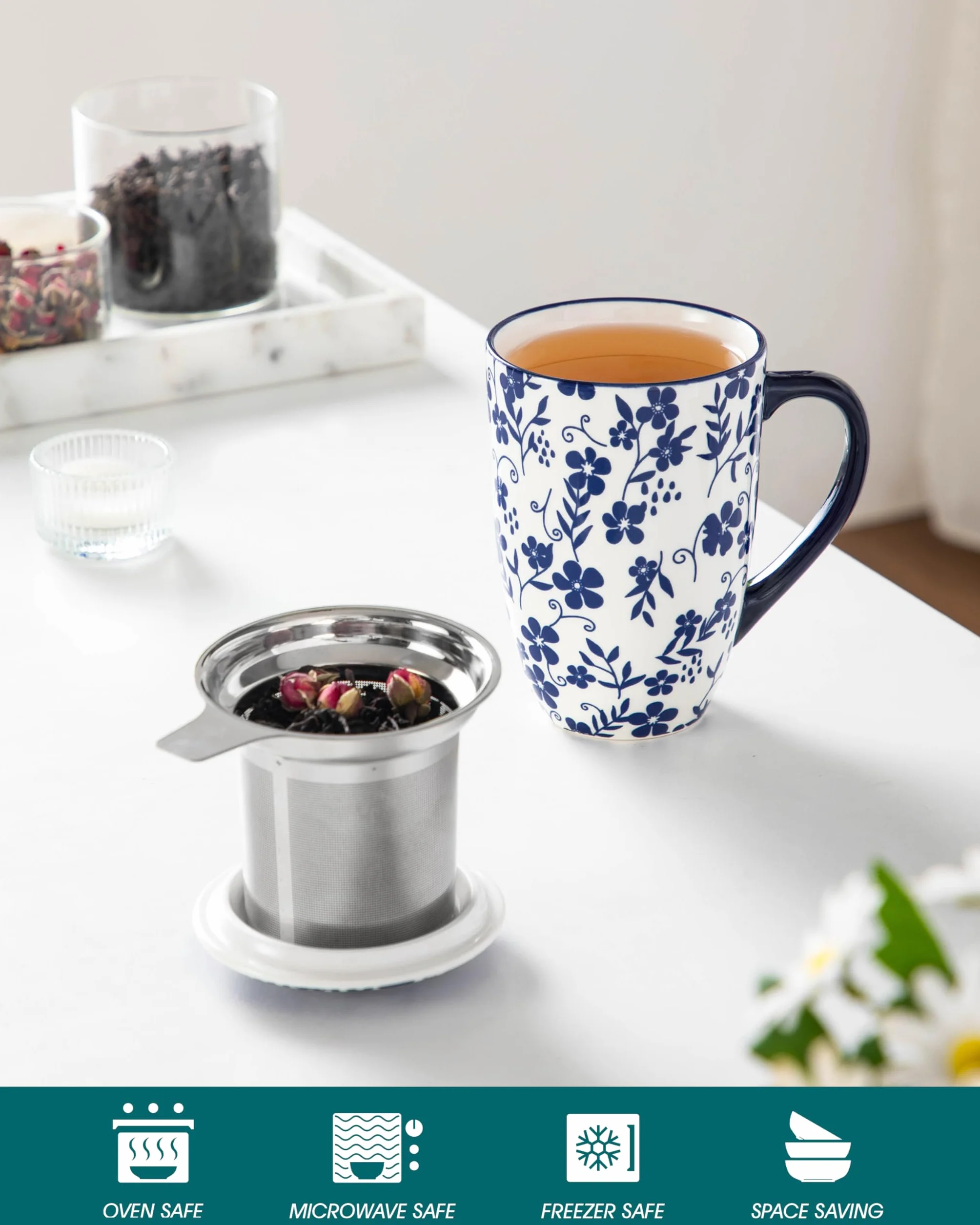 Vancasso SELENE Porcelanowy kubek do herbaty z zaparzaczem i pokrywką Steeps Loose Leaf Tea Type 01