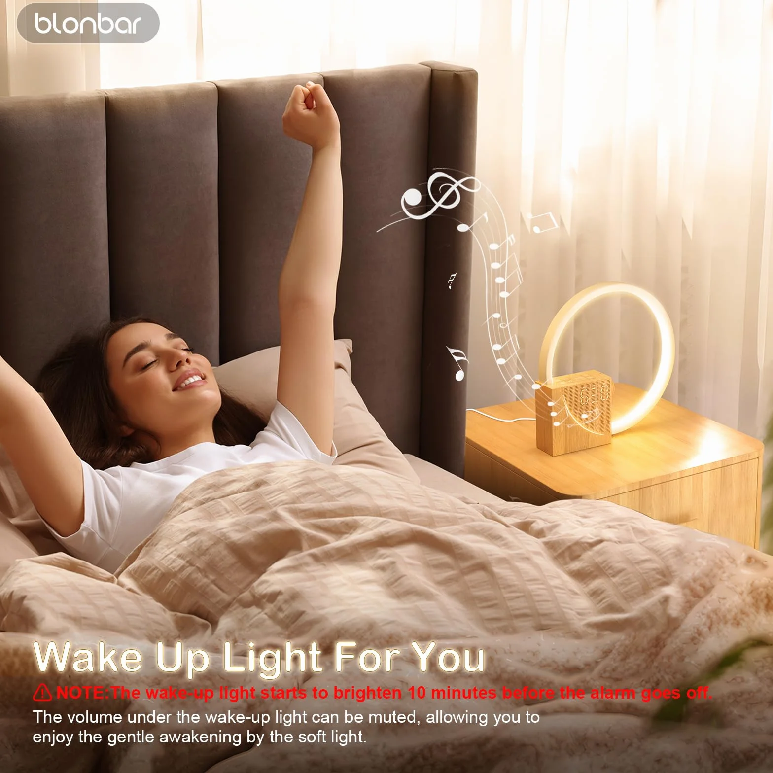 blonbar Lampka nocna z budzikiem świetlnym Wake Up, lampa stołowa z funkcją ładowania USB 10 W, sterowanie dotykowe, ściemniana,3 poziomy jasności
