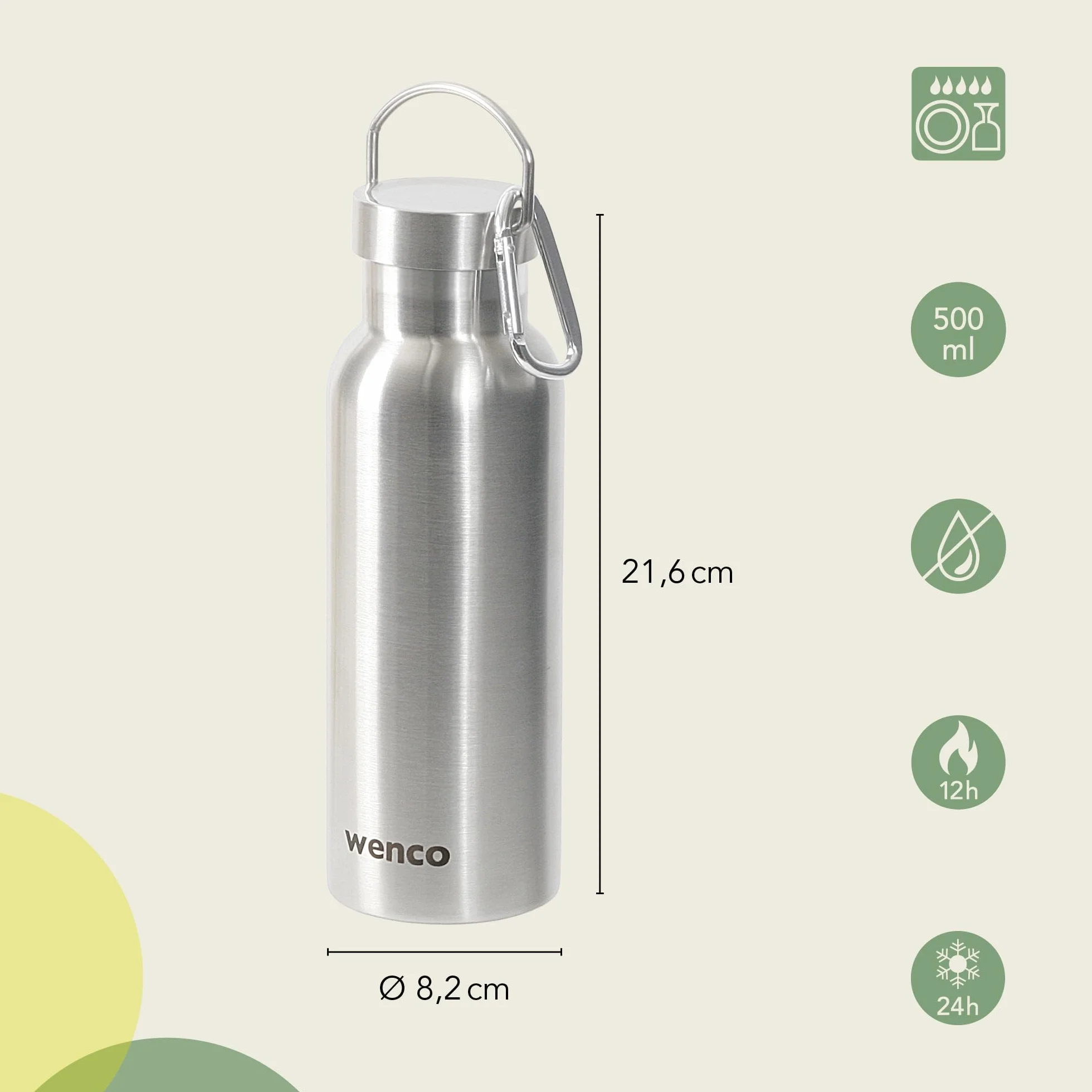 wenco Butelka do picia ze stali nierdzewnej, 0,5 l / 500 ml, izolowana i zabezpieczona przed wyciekiem, do zimnych i gorących napojów, może być również używana jako termos – z sitkiem do herbaty –
