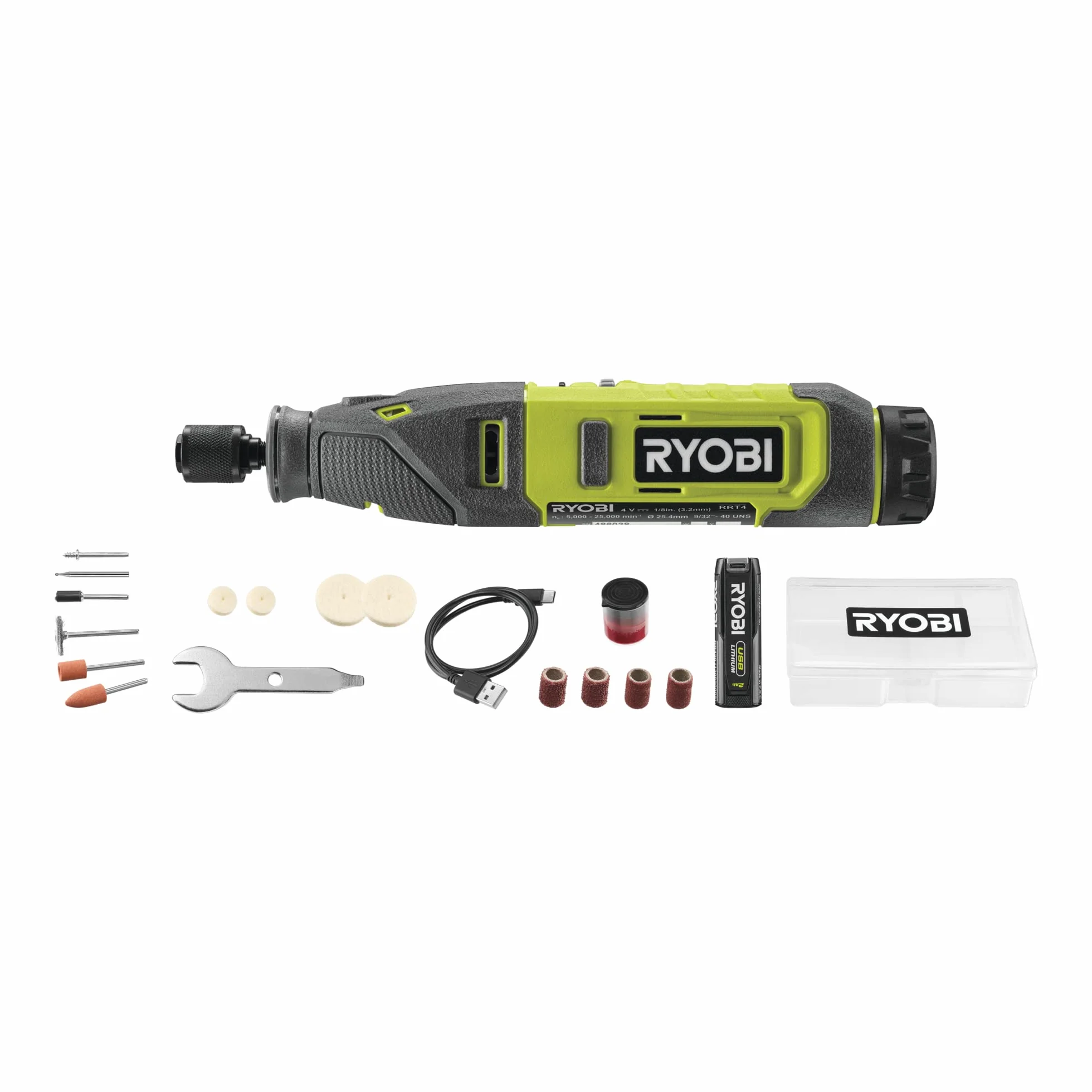 Ryobi - Mini Wielofunkcyjne Narzędzie 4V - 5000-25 000 Obr Na Min - Wymiana Akcesoriów Bez Użycia Narzędzi - Kabel Usb C - Dostarczany Z 15 Akcesoriami - Rrt4-120Ga15