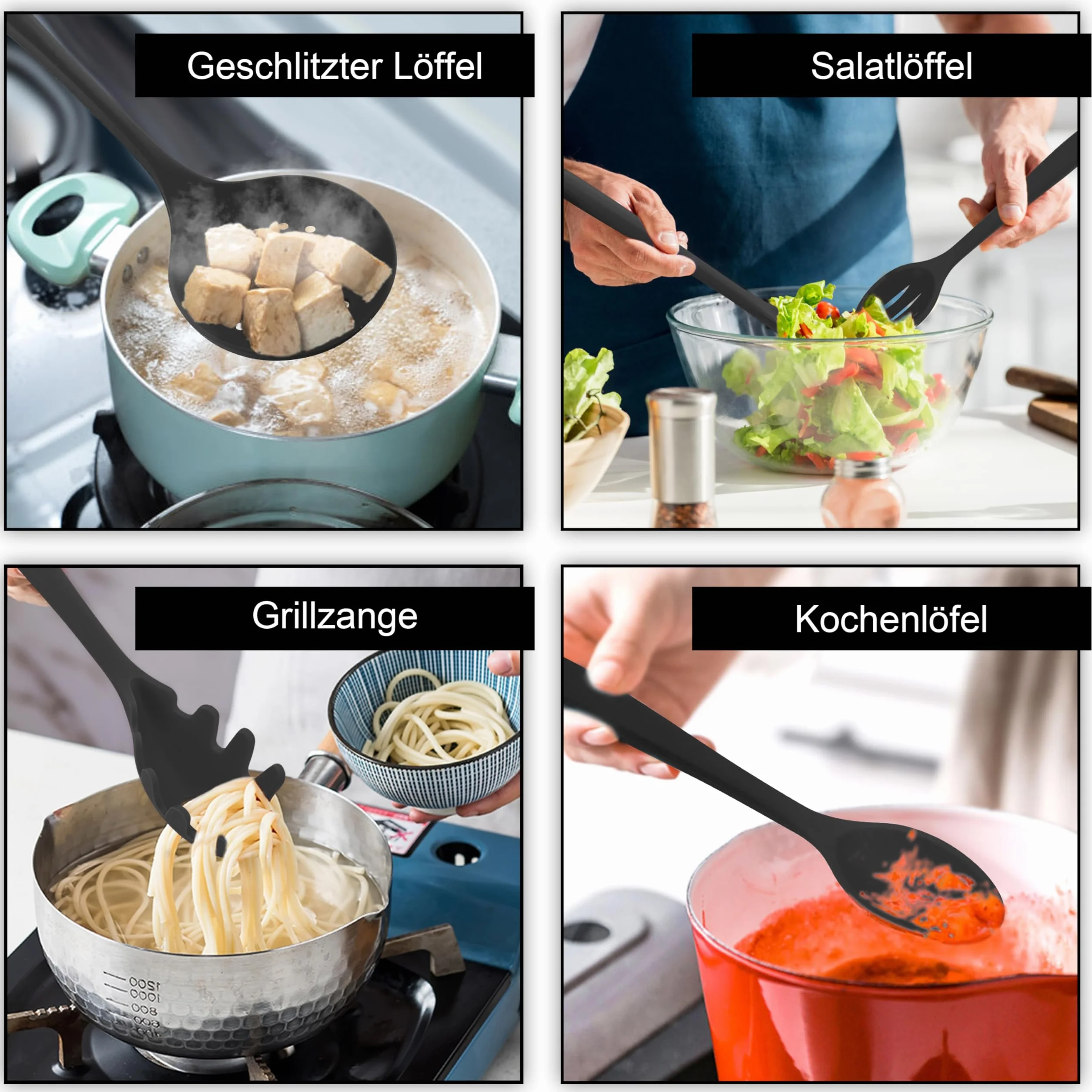 Joyfair 15 szt. silikonowych przyborów kuchennych, odporne na wysokie temperatury, z uchwytami na przybory kuchenne, nieprzywierające, nadaje się do mycia w zmywarce, czarne, 15 szt