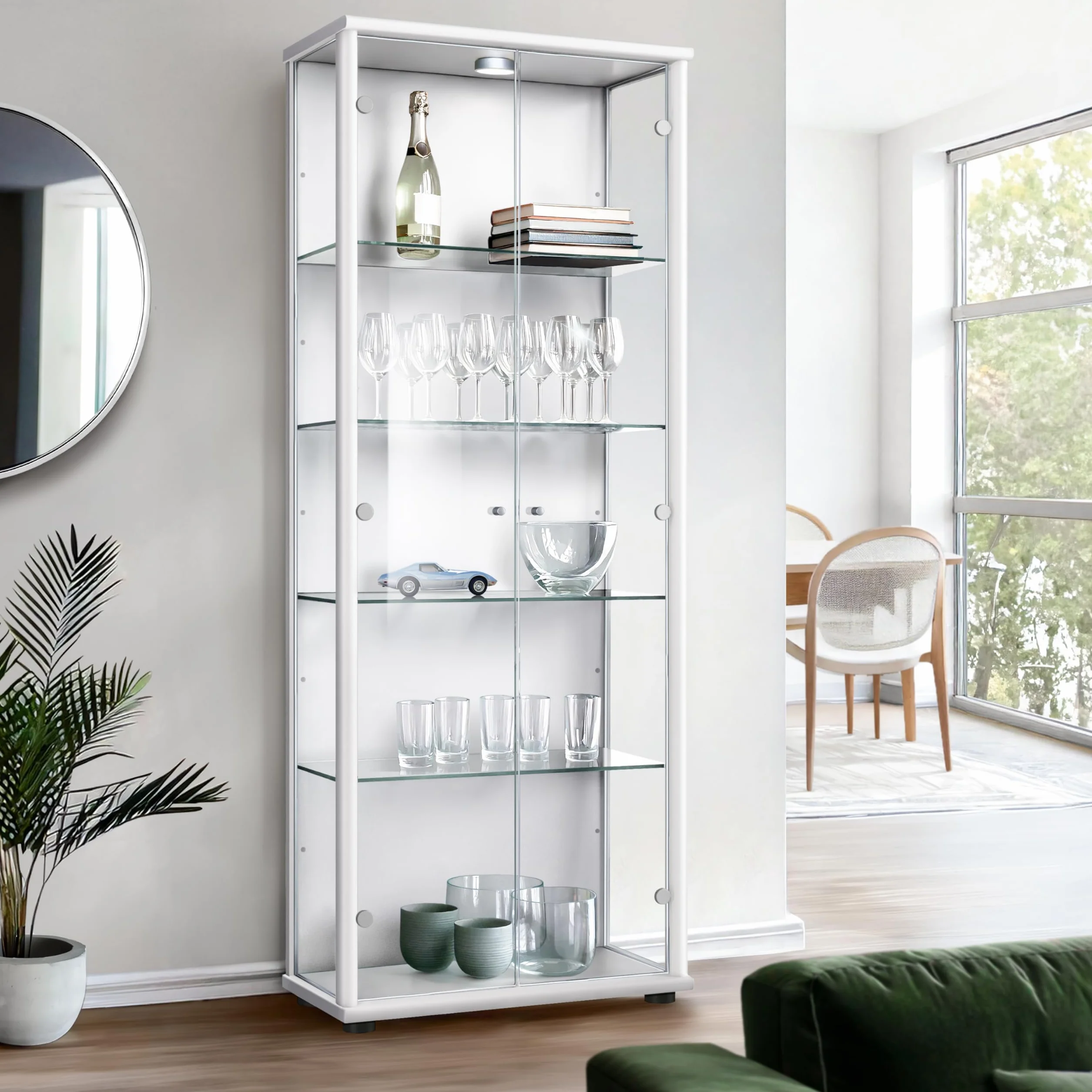 witryna szklana w kolorze białym (176x67x33 cm) z 4 regulowanymi półkami szklanymi i LED - gablota na modele samochodów biała - szafka gablota biała - witryna kolekcjonerska - szafka do salonu