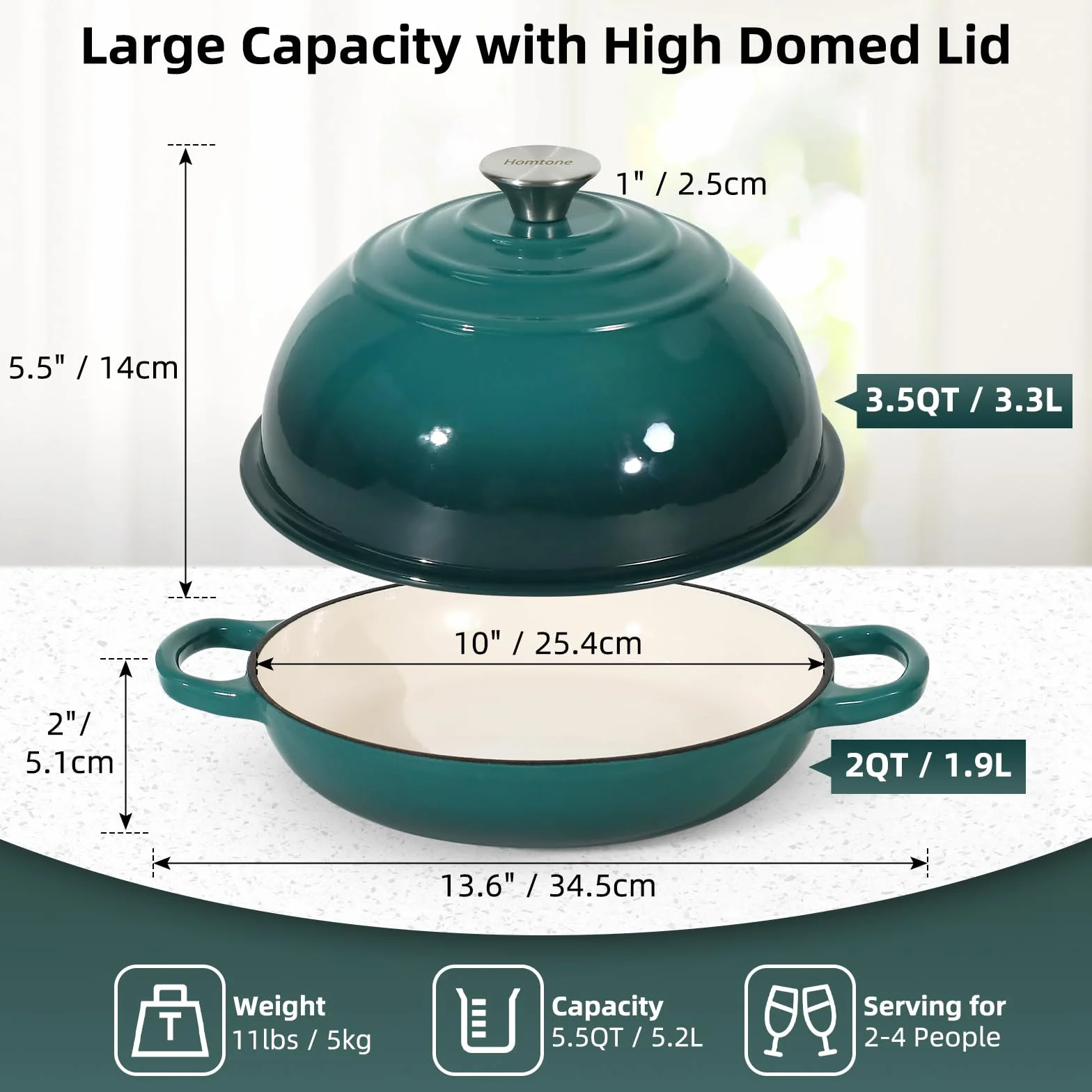 Homtone 26 cm emaliowany żeliwny holenderski garnek do piekarnika, holenderski piec do pieczenia chleba na zakwasie, żeliwny garnek do chleba z pokrywką (niebieski pawi, z rękawicami kuchennymi)