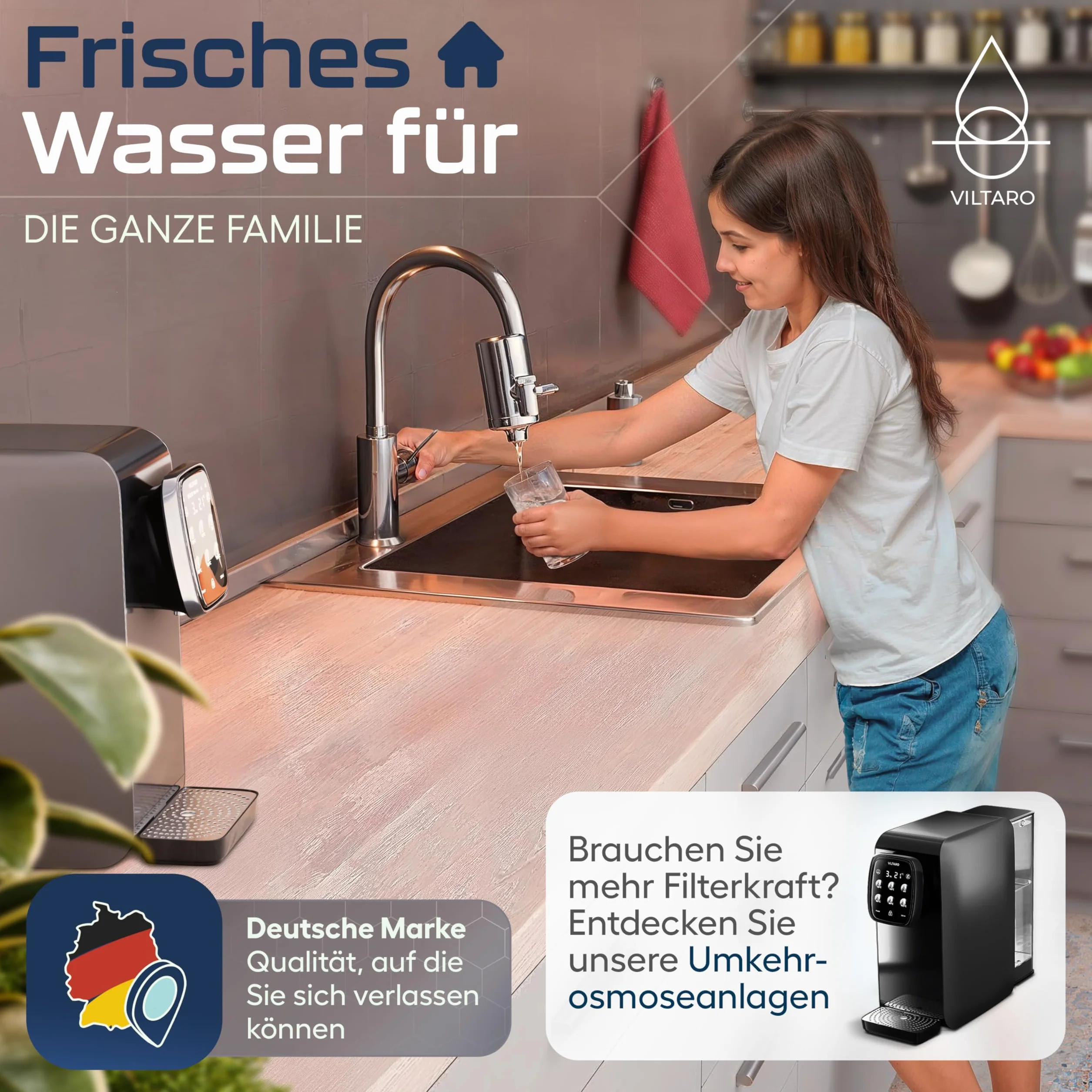 VILTARO Filtr do wody – tylko 2 centów/litr wody pitnej, nie zawiera BPA, stal nierdzewna, oszczędzający wodę regulator strumienia, węgiel aktywny | filtr do kranu do wody pitnej, filtr do wody pitnej