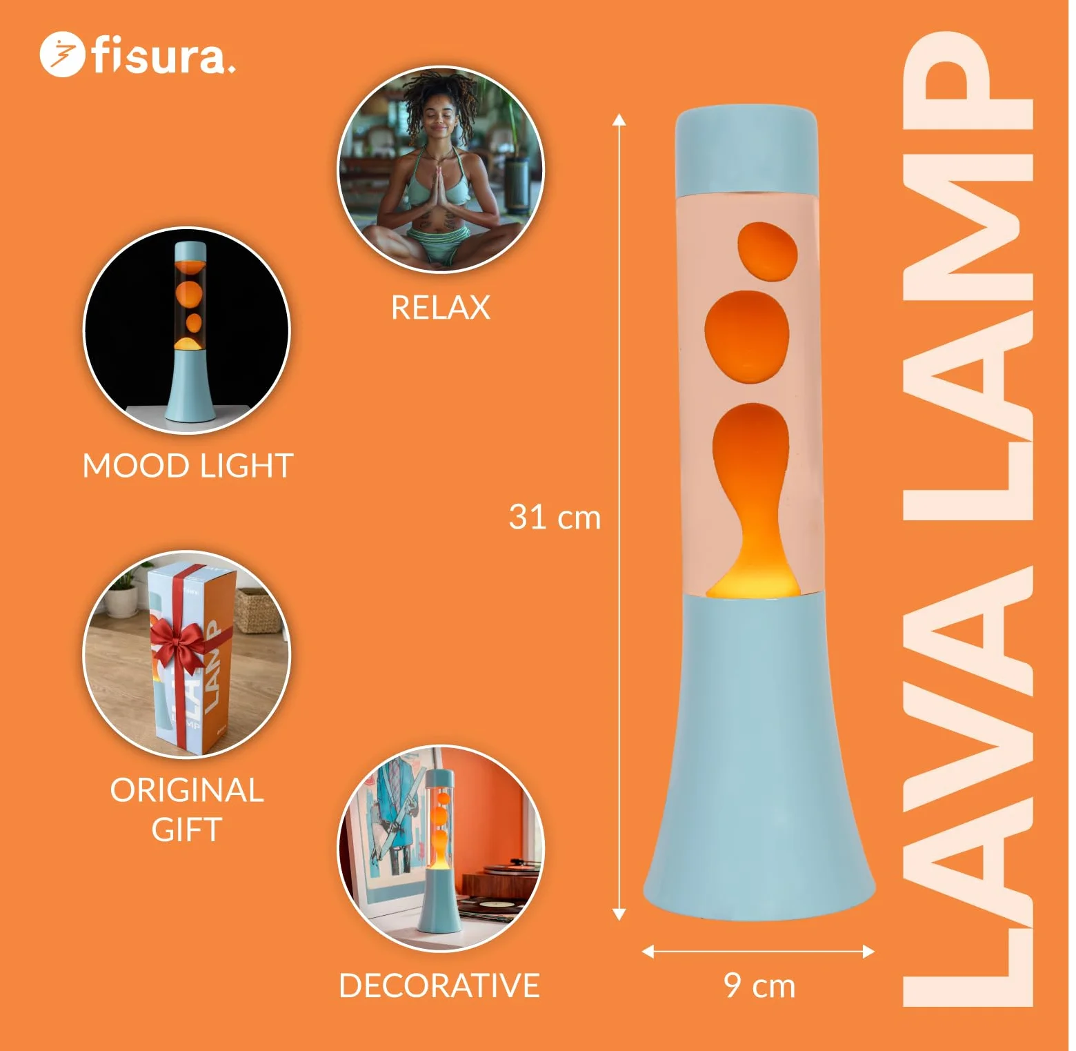 Fisura – Lampa lawa zielona 30 cm, lampa lawa relaksacyjna w stylu retro do domu, lampka dekoracyjna z niebieską podstawą i pomarańczowym płynem, oryginalny pomysł na prezent, 9 x 9 x 30 cm