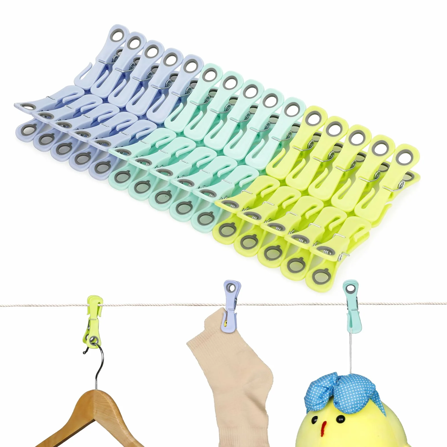 Cozary 30 sztuk klamerek do prania z haczykiem, stabilne plastikowe ubrania kołki z okrągłymi otworami, wielokolorowy niebrudzący klips do bielizny spodnie T Shirts pończochy pluszowe zabawki