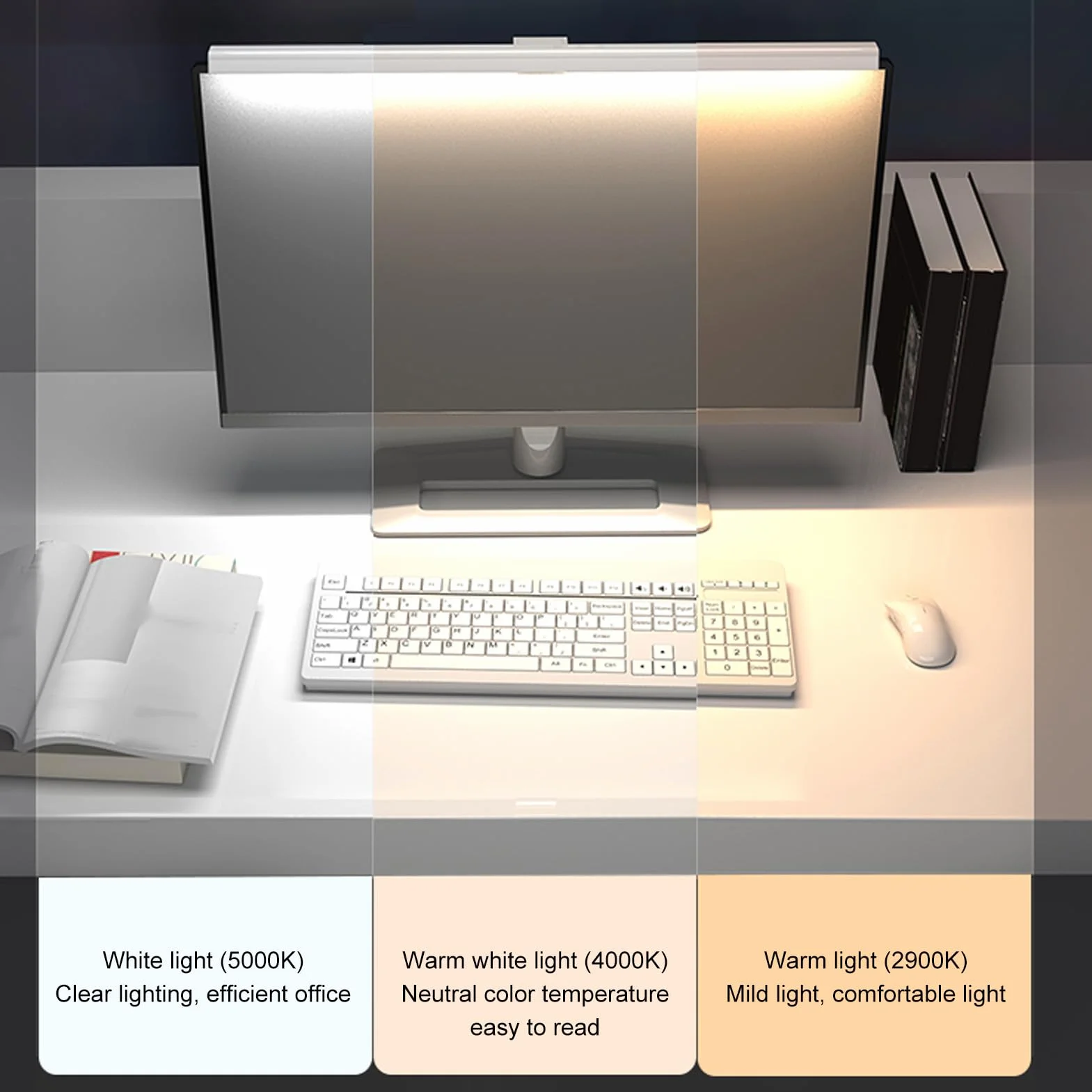 Ejoyous Lampa PC Bar 50 cm, oświetlenie LED do laptopa, lampa monitora, bezprzewodowa, PC, lampa do komputera, lampa na ekran, klips, regulowana jasność i temperatura barwowa, antyniebieska (biała)
