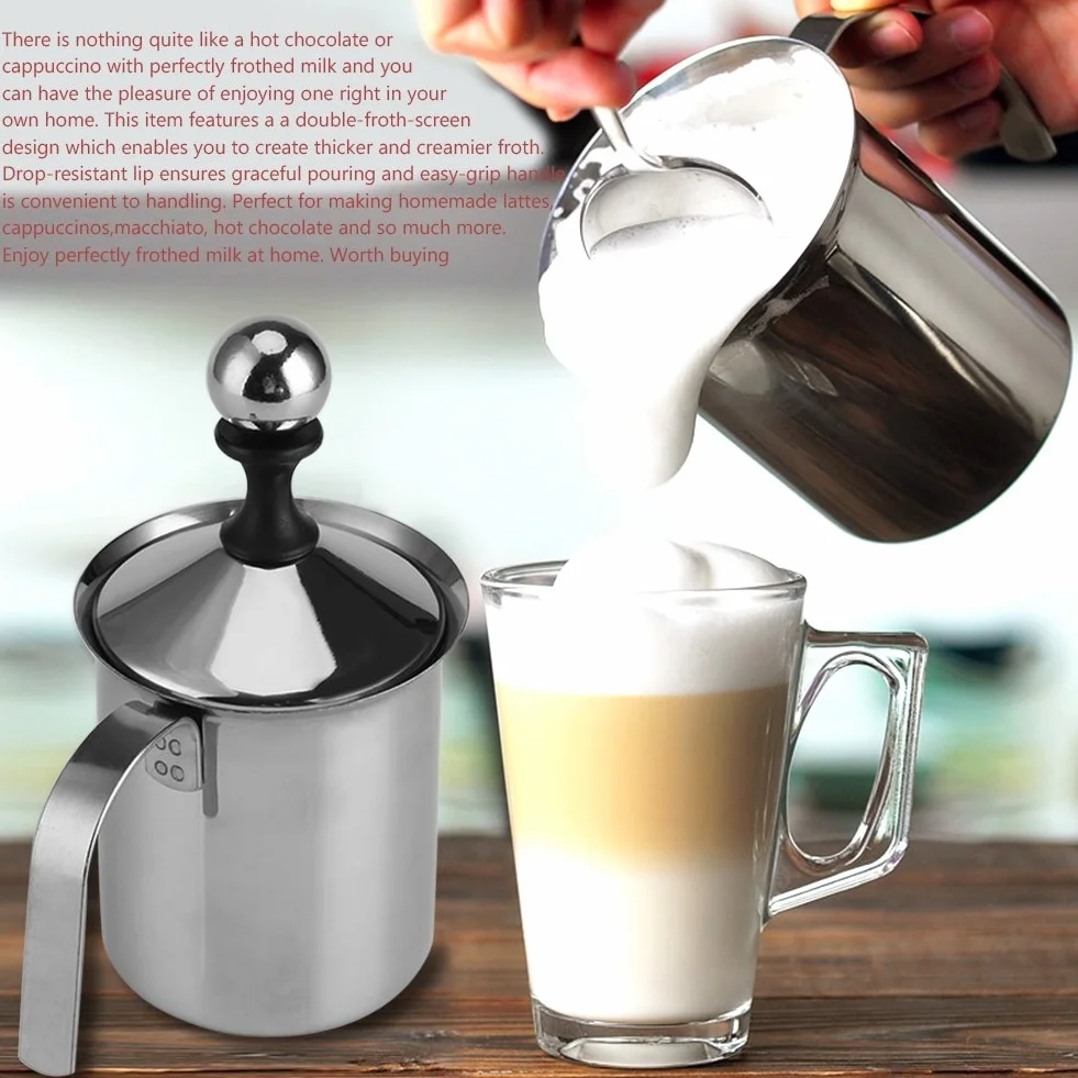 Ręczny spieniacz do mleka ze stali nierdzewnej Podwójna siatka do kawy Cappuccino Spieniacz do śmietanki Ręczny spieniacz do mleka 400 ml / 800 ml (400 ml)