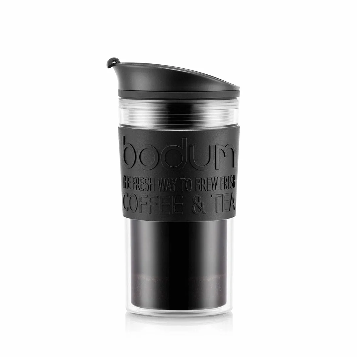 Bodum Izolowany kubek tłokowy 11102-01s z pokrywą na zawiasach, 0,35 litra, czarny, przezroczysty, plastikowy, 8,9 cm