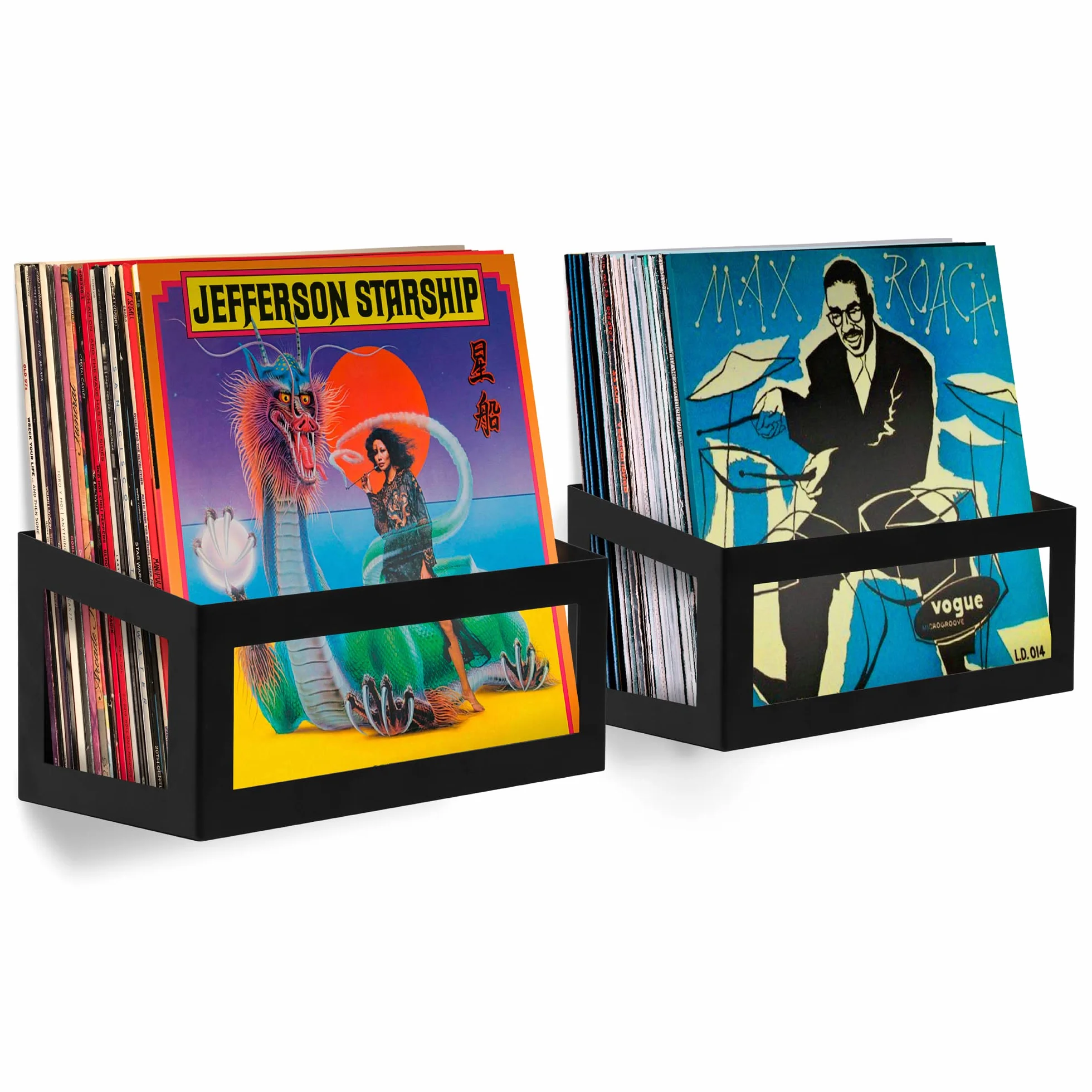 Hudson Hi-Fi Wall Mount Vinyl Record Storage 25-Album Display Holder - Black Satin - Two Pack