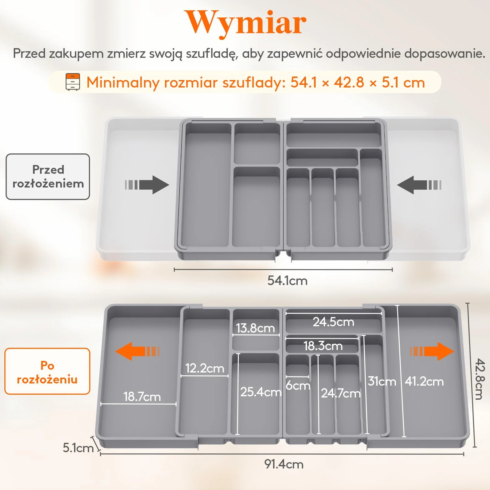 Lifewit Duży Organizator Szuflad Srebrnych, Plastikowa Taca na Naczynia do Kuchni, Rozszerzalna od 45.1cm do 91.4cm, Regulowana Płaska Łyżka na Nóż Widelcowy Uchwyt na Gadżety, Szary