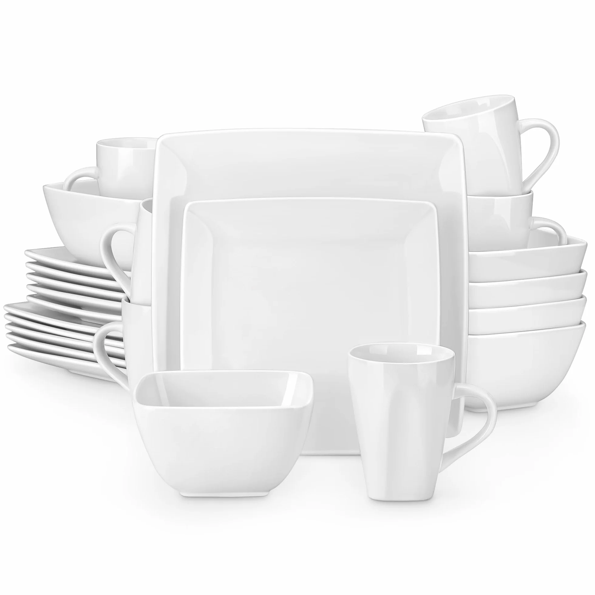 vancasso Soho 24-częściowy zestaw obiadowy, kwadratowe talerze i miski dla 6 osób, zestaw naczyń z kamionki z talerzami obiadowymi 25 cm, talerzem deserowym 20 cm, miseczkami na musli 810 ml i kubkiem