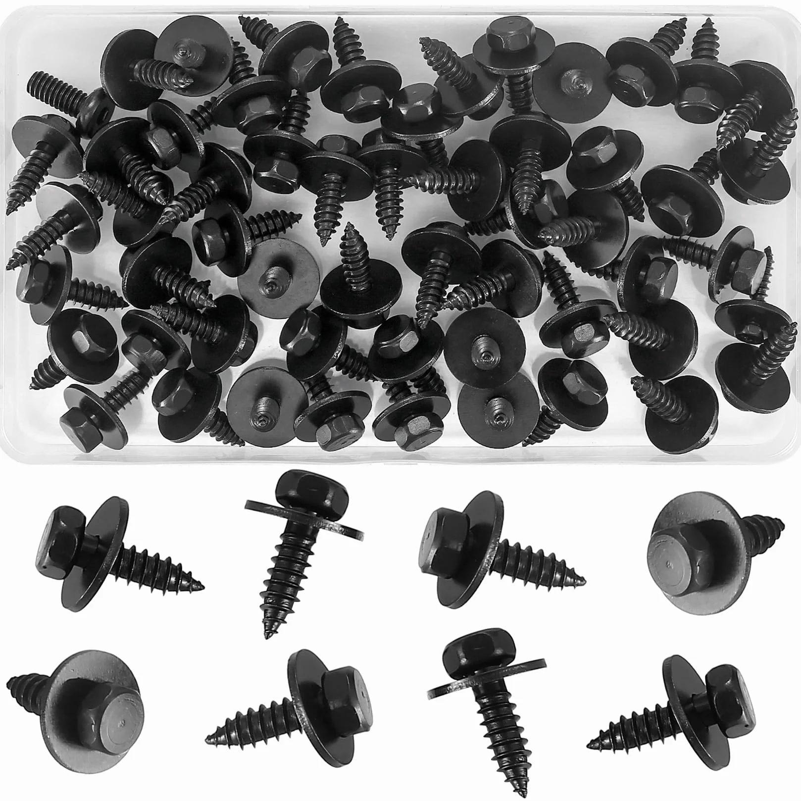 ywchaoshe 55 szt. Samogwintujących wkrętów z nakrętką sześciokątną i uszczelką, 5,5-6 mm x 19 mm Samogwintujące wkręty sześciokątne, samozaciskowe, czarne, do karoserii samochodowych i metalu