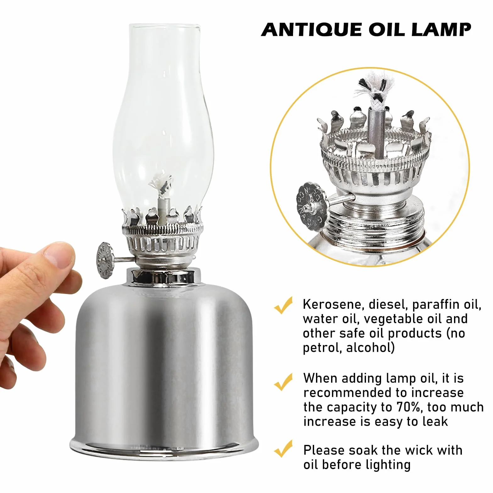 Lampa naftowa do wnętrz, metalowo-szklana, do wnętrz, wiatroszczelna, retro, regulowana jasność, do użytku w nagłych wypadkach, do ogrodu, jadalni, srebrna
