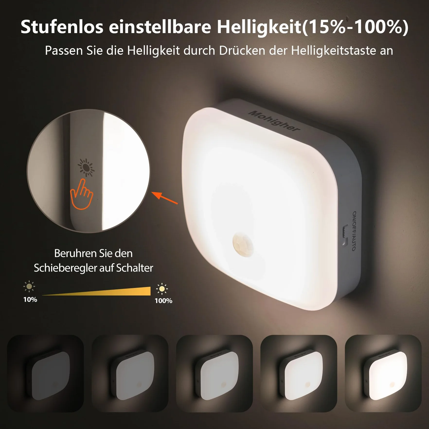 Lampka nocna z czujnikiem ruchu, lampka nocna LED z bezstopniowym ściemnianiem i 3 trybami pracy (automatyczny/wł./wył.), ciepła biała lampka nocna do pokoju dziecięcego, sypialni, korytarza,