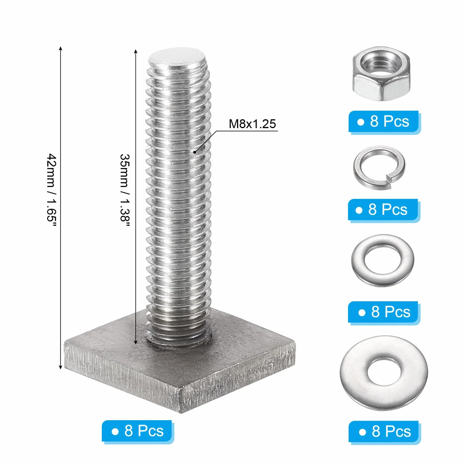PATIKIL Śruby szczelinowe T M8 x 35 mm, zestaw 8 śrub czworokątnych, łeb T, śruby dachowe, bagażnik ze stali nierdzewnej, śruby z nakrętką, podkładki do roweru, nart, kajaka, bagażnika