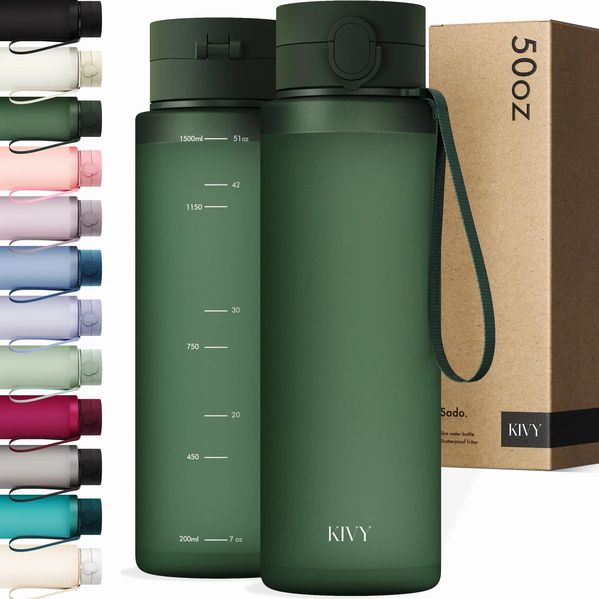 KIVY Butelka do picia z klapką 1500 ml ciemnozielona
