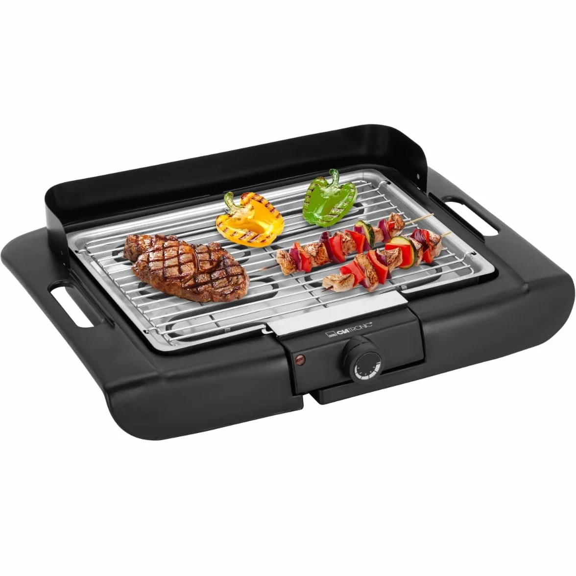Clatronic BQ 3507 grill stołowy, chromowany ruszt do grilla, metalowa tacka na wyłapywanie, ochrona przed wiatrem, obudowa Cool Touch, czarny, 2000 W