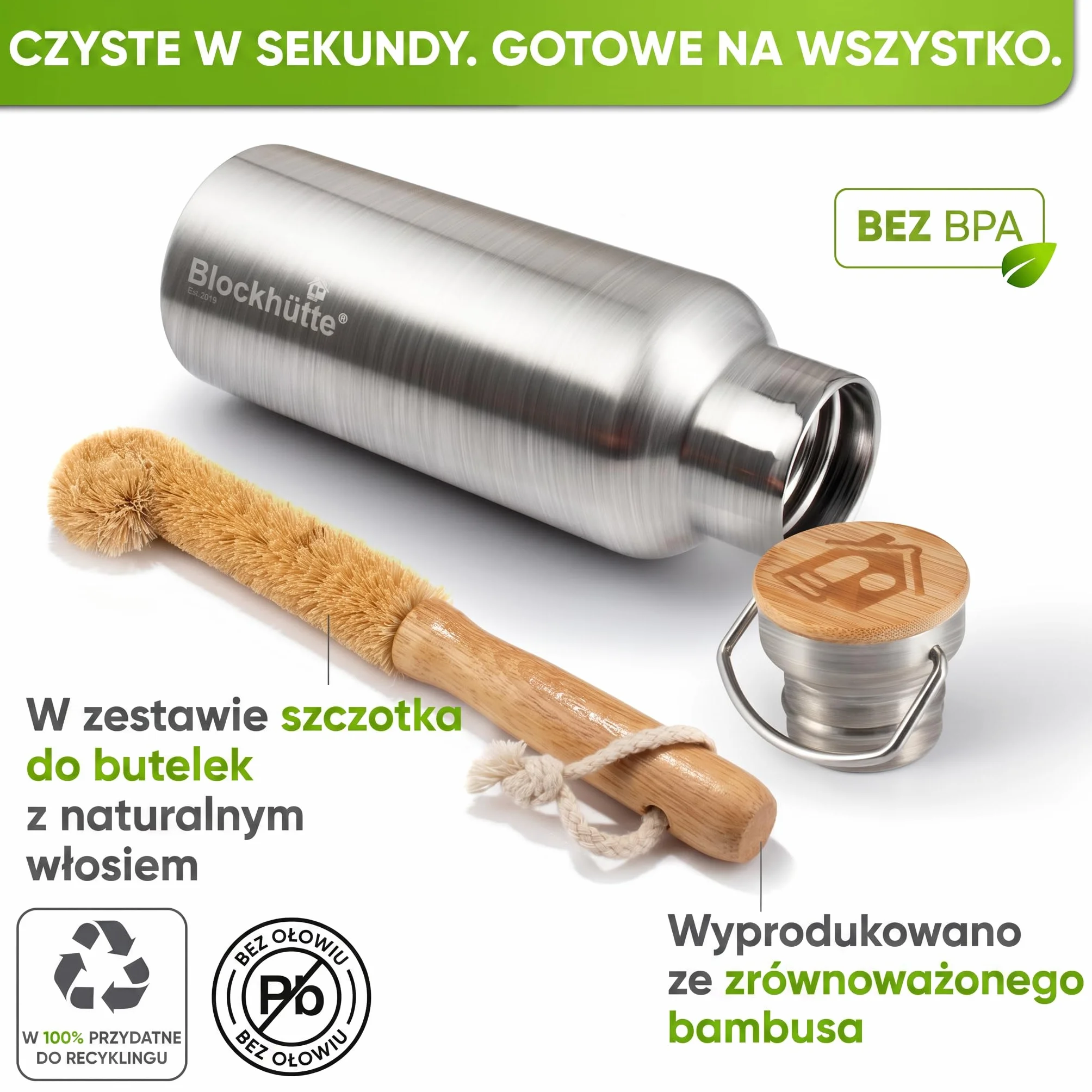 Blockhütte. Butelka na napoje, ze stali nierdzewnej, premium, izolowana, 750 ml, z ekologiczną szczotką do czyszczenia butelki, zabezpieczona przed wyciekiem, nadaje się do zmywarki, do sportu, bez bisfenolu A