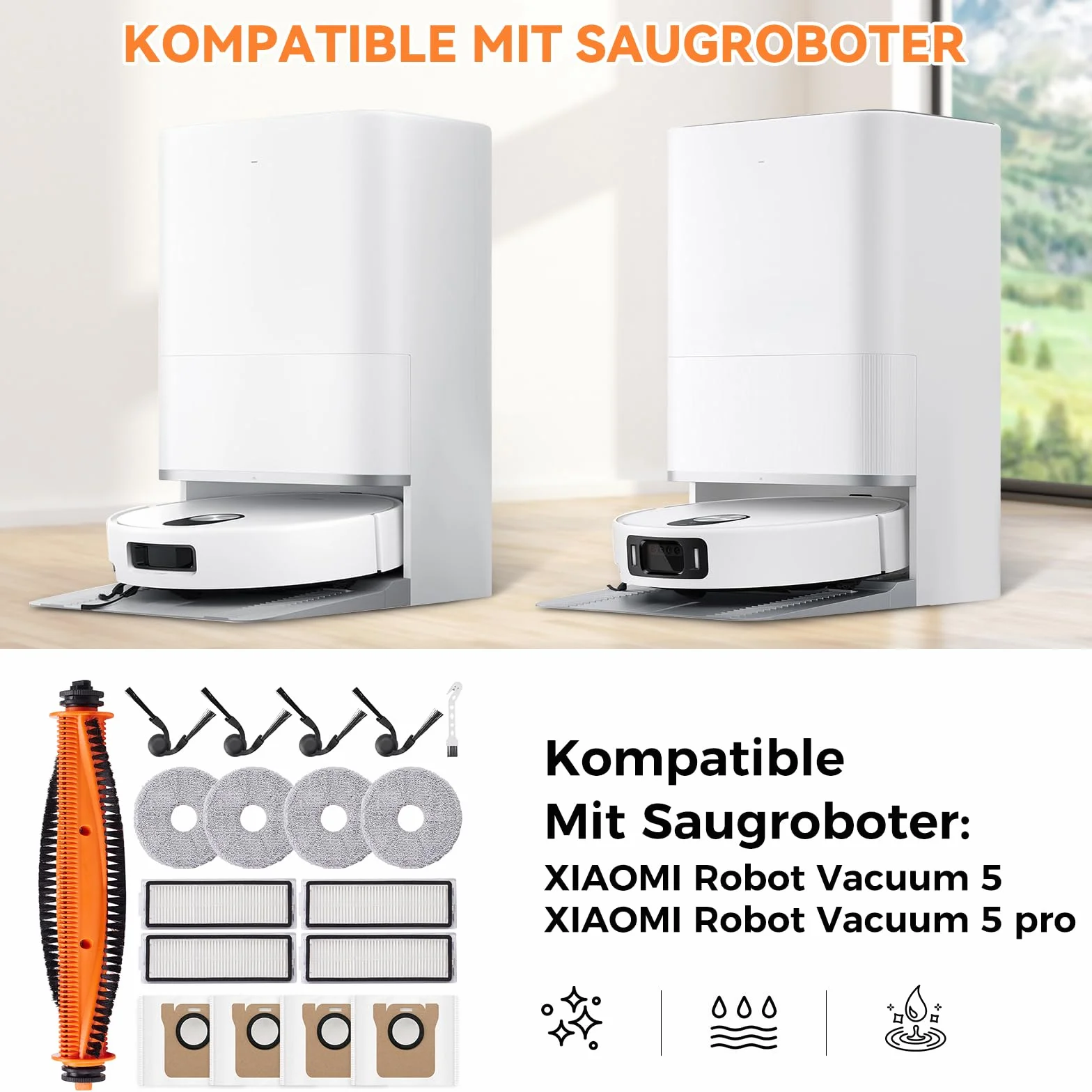 18 sztuk akcesoriów do robota odkurzającego Xiaomi Robot Vacuum 5/5 Pro, części zamienne, 1 szczotka główna, 4 worki do kurzu, 4 podkładki do wycierania, 4 filtry HEPA, 4 szczotki boczne, 1 akcesoria