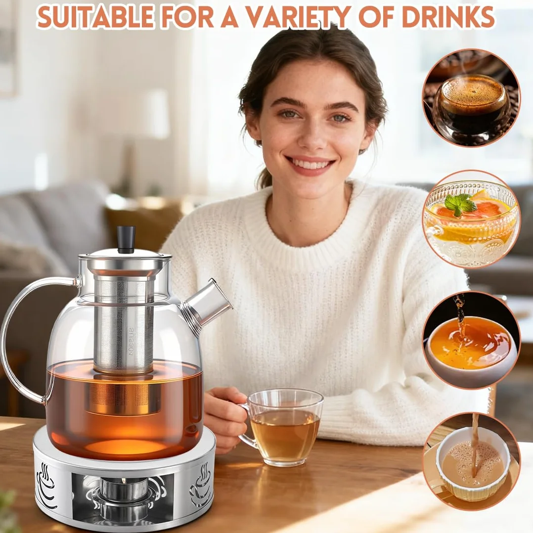Dzbanek do herbaty z podgrzewaczem, 1800 ml, szklany dzbanek do herbaty z sitkiem ze stali nierdzewnej i pokrywką, odporny na wysokie temperatury, dzbanek do kawy, szkło borokrzemowe, zaparzacz do