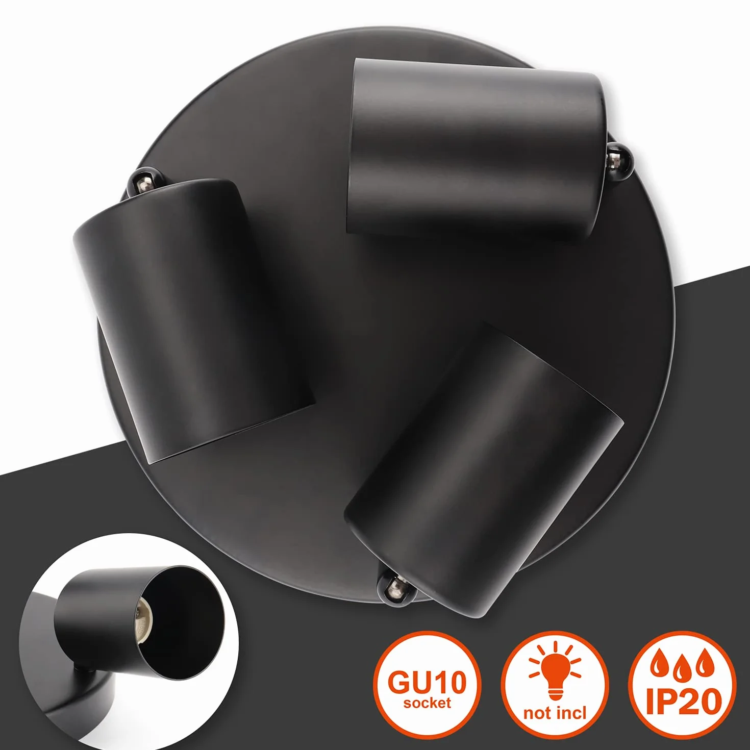 da LIGHT Lampa sufitowa LED z 3 żarówkami, obrotowa, obracana, lampa sufitowa GU10 (bez żarówki), retro, vintage, 230 V, czarna, do salonu, sypialni, kuchni