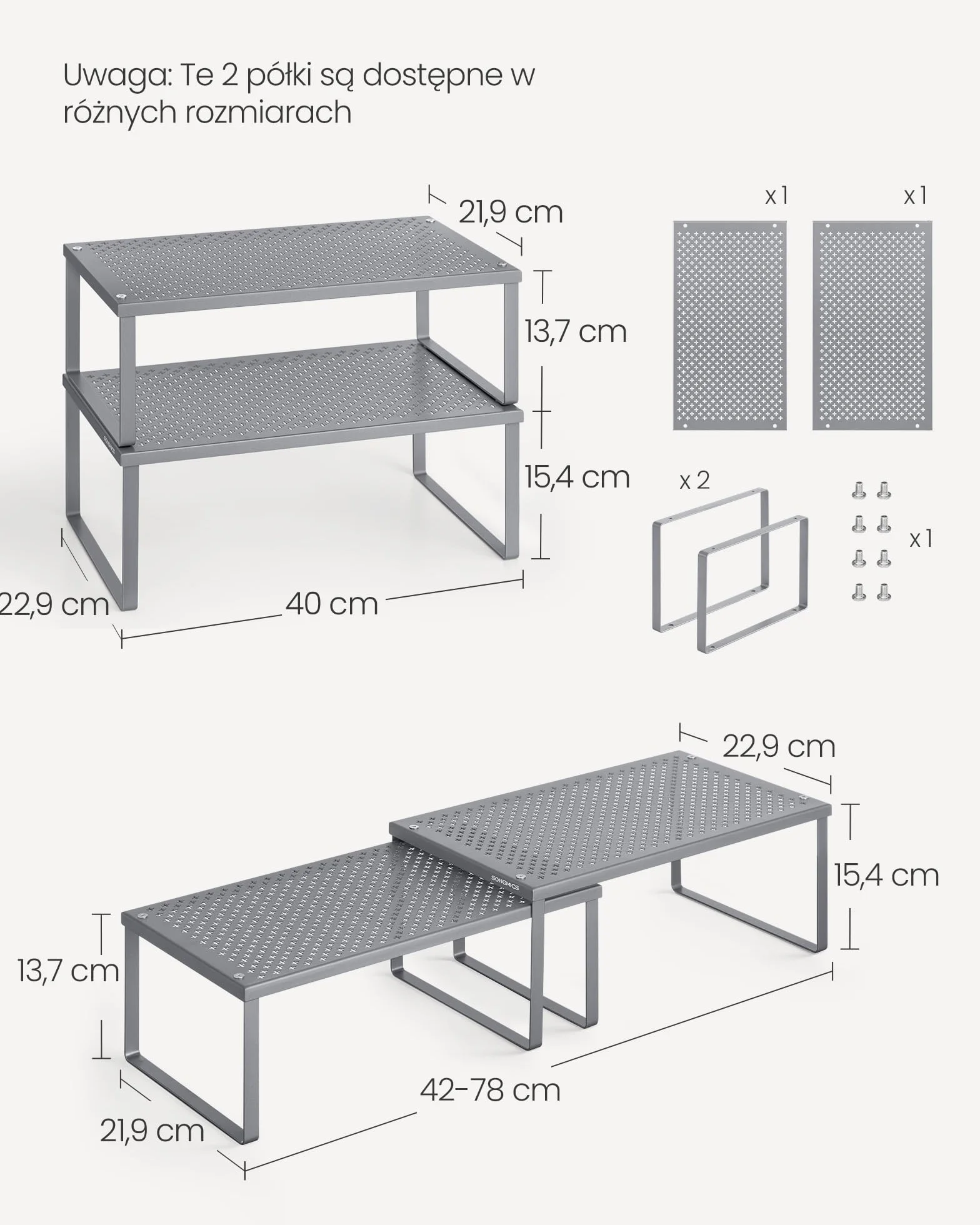 SONGMICS Półka na przyprawy, zestaw 2 szt., półka kuchenna, organizer kuchenny, kuchnia, uchwyt na przyprawy, rozkładany, składany, mała półka, metal, srebrny KCS401G01