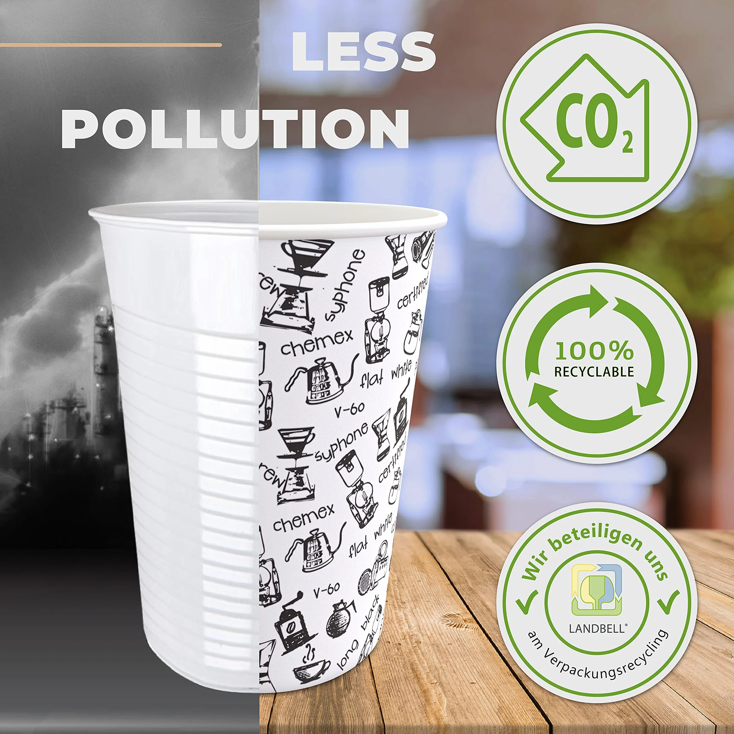 CupCup 100 Papierowych Kubków 240 ml, z Pokrywką i Drewnianymi Pałeczkami do Mieszania – Jednorazowy Kubek do Kawy, Herbaty, Gorących i Zimnych Napojów