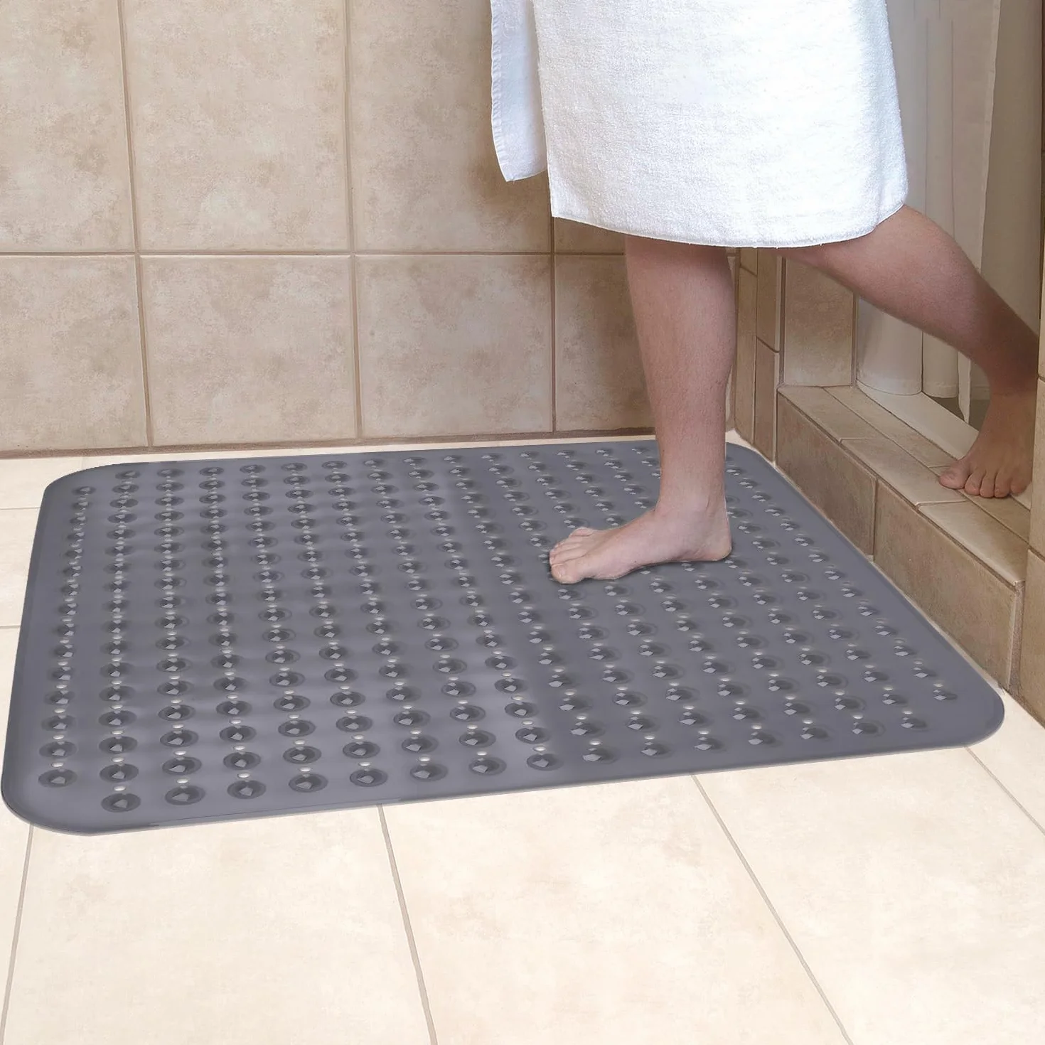 Leeko Mata prysznicowa 80x80cm, antypoślizgowa mata łazienkowa z 285 przyssawkami i otworami odpływowymi, materiał PCW, nie zawiera BPA, odporna na pleśń, nadaje się do prania w pralce (szara)