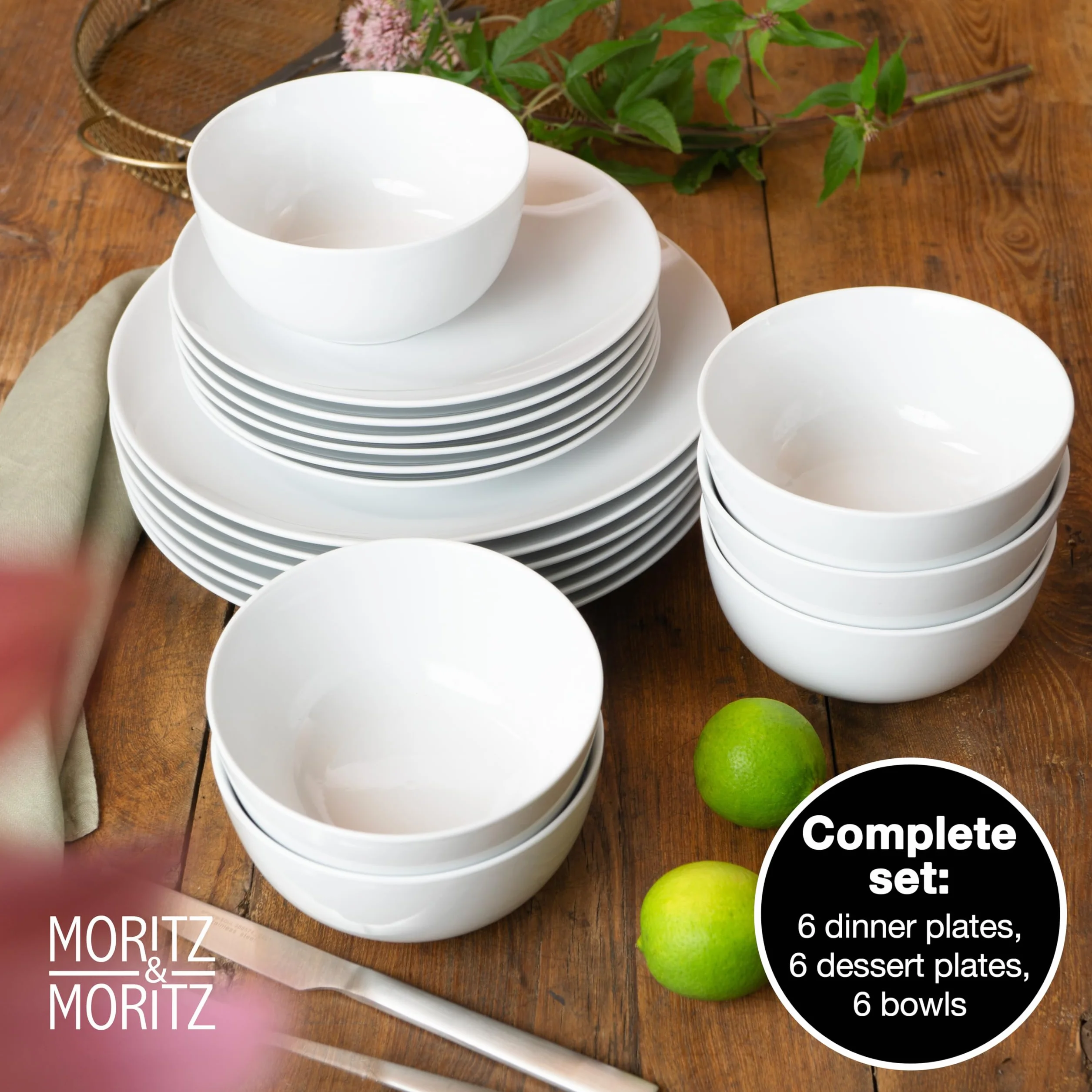 Moritz & Moritz BASIC 18-częściowy zestaw naczyń dla 6 osób, nowoczesny – z wysokiej jakości porcelany w klasycznej bieli – składający się z 6 talerzy obiadowych, 6 talerzy deserowych i 6 miseczek