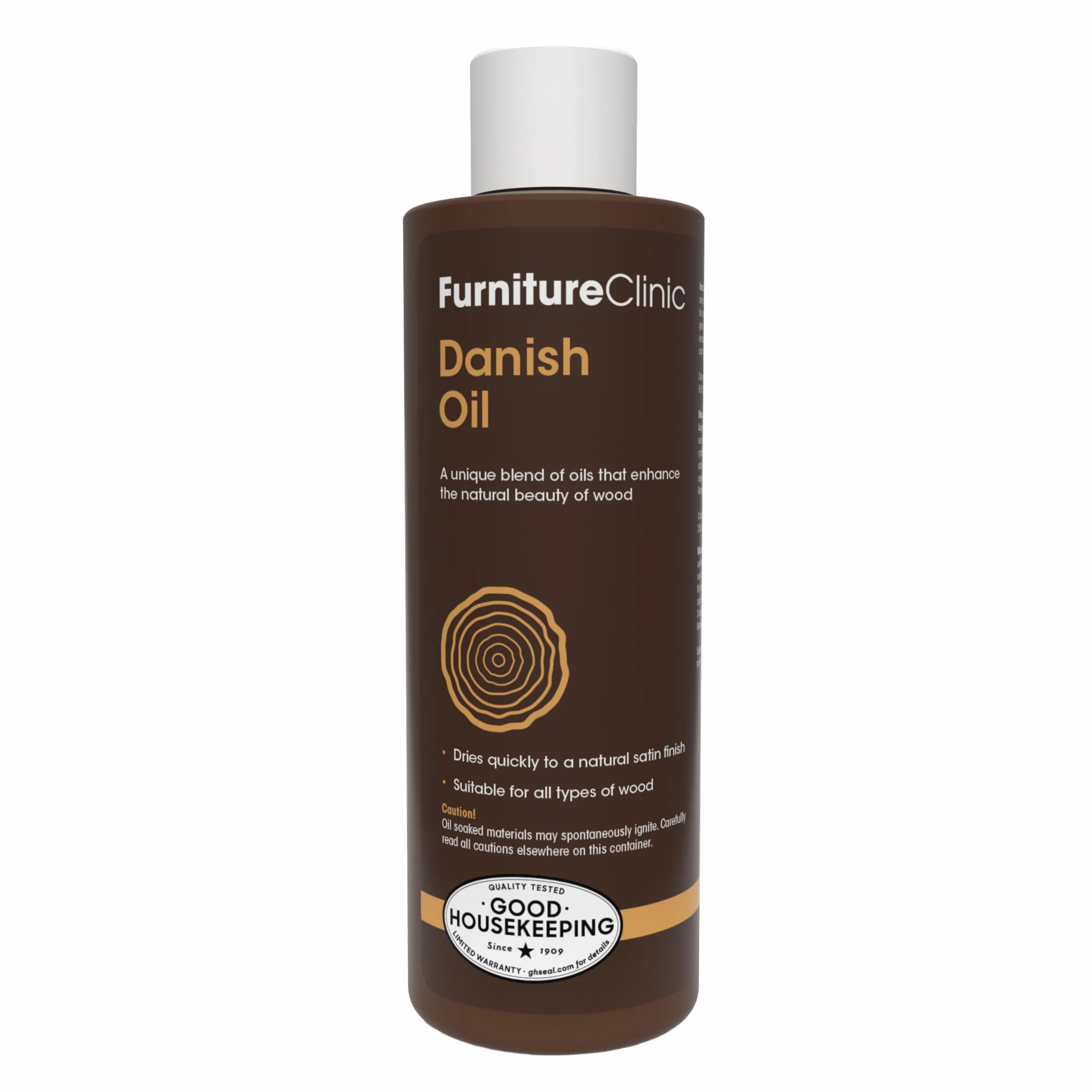 Olej do drewna Danish Oil for Wood marki Furniture Clinic – olej klasy premium podkreślający naturalne piękno dębu, sosny i innych gatunków drewna. 250 ml