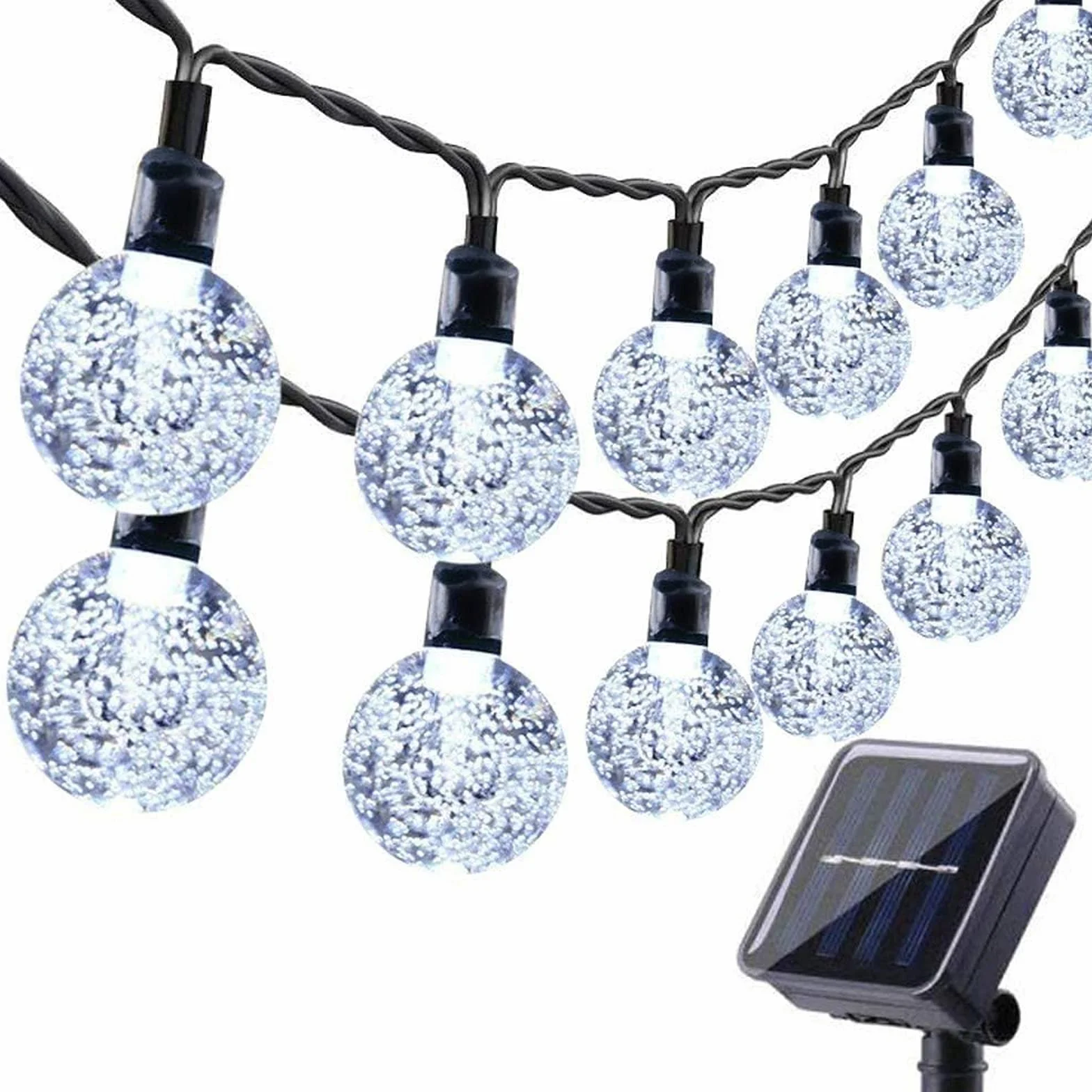 Solarne lampy ogrodowe na zewnątrz, 10 m, 60 diod LED, solarne łańcuchy świetlne, wodoodporne, zasilane energią słoneczną, kryształowa kula do wewnątrz i na zewnątrz, dekoracyjne światła do ogrodu, na patio, do podwórka, na święta, imprezy, białe