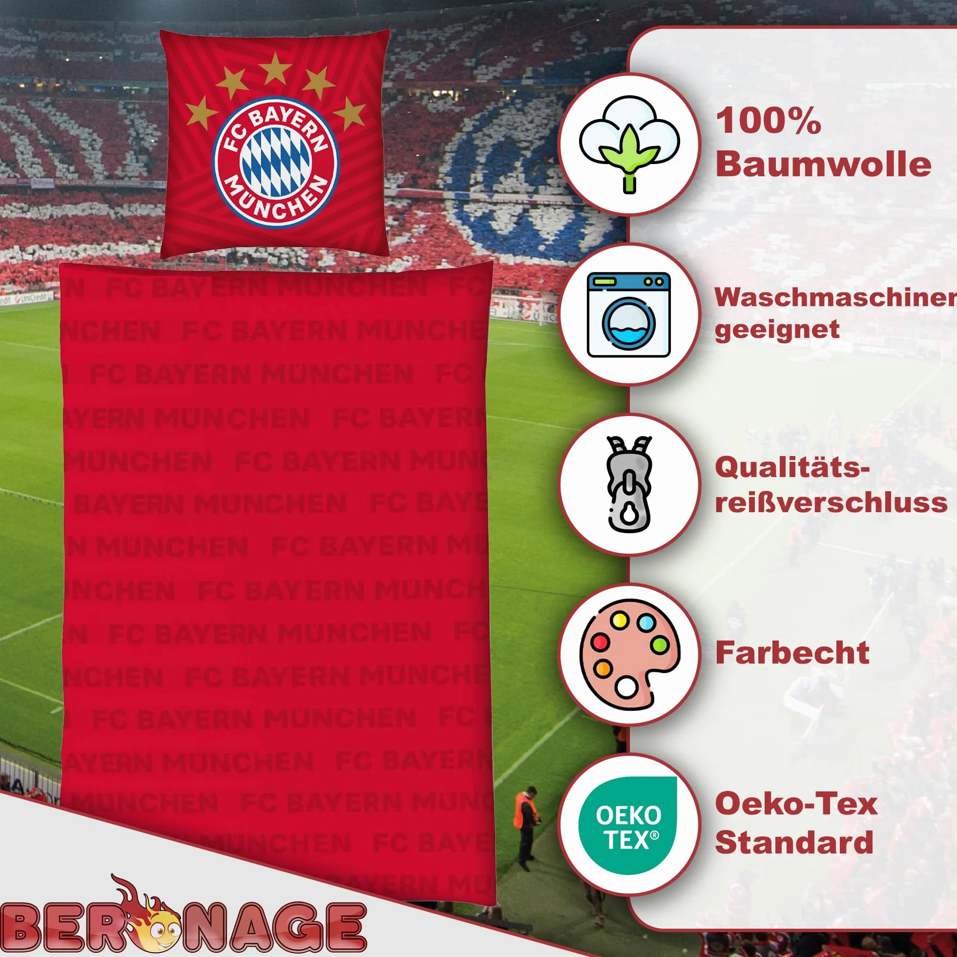 FC Bayern München Pościel Player czerwona 135 x 200 cm + 80 x 80 cm 100% bawełna renforcé/linon rekordmeister Mia san Mia Allianz Arena piłka nożna artykuł dla fanów z zamkiem błyskawicznym pomysł na