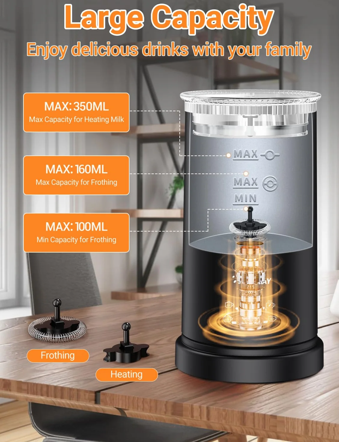 Elektryczny spieniacz do mleka 5w1 600W 350ml, powłoka nieprzywierająca