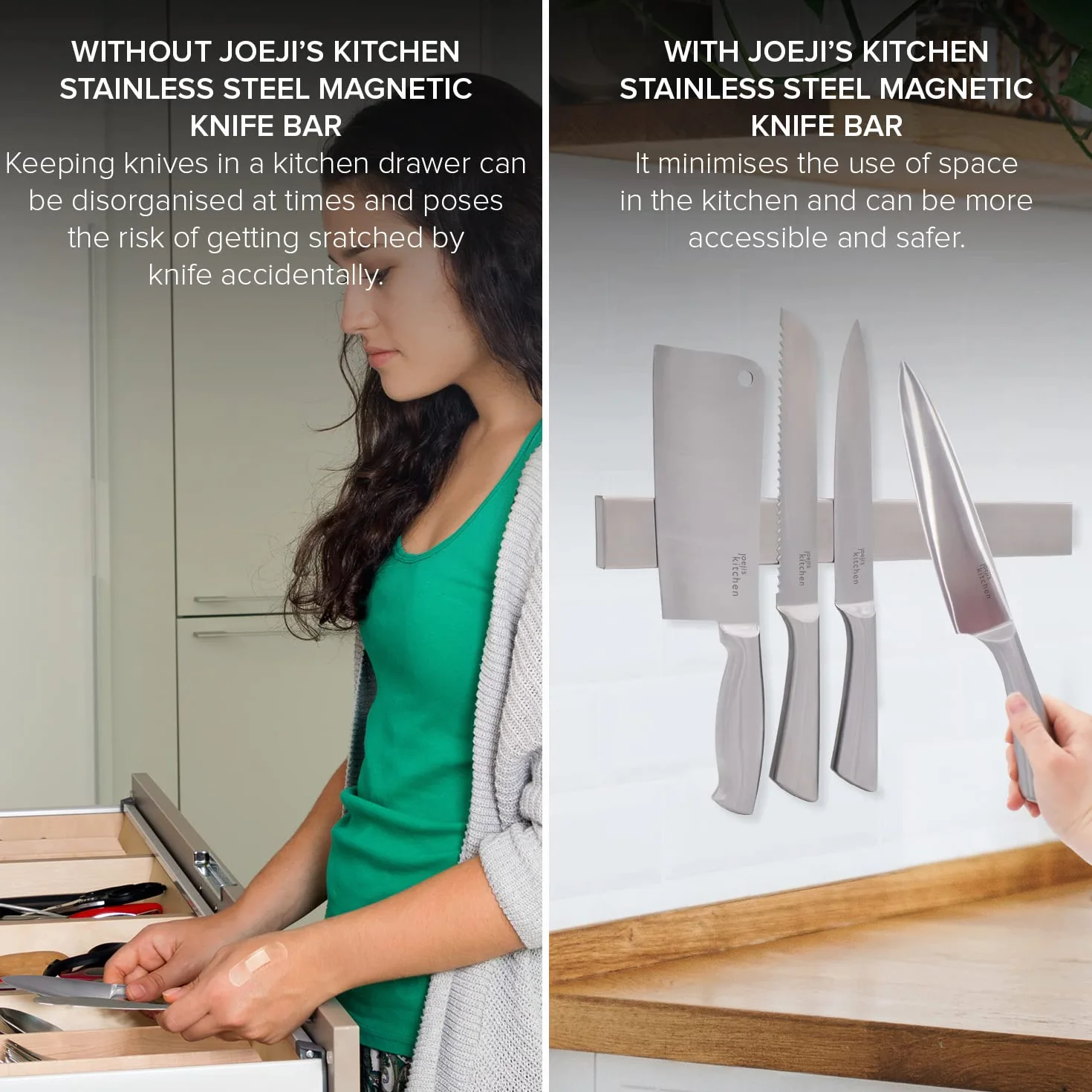 Joeji's Kitchen Mocny magnetyczny uchwyt na noże 40 cm, stal nierdzewna, łatwy montaż, klej 3M lub śruby, idealny do kuchni lub garażu, narzędzia