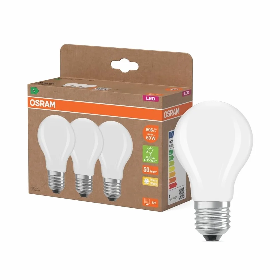 OSRAM Wysokowydajne lampy LED z klasą efektywności energetycznej A, zestaw 3 żarówek, zastępują tradycyjne żarówki 60W, kształt bańki, ciepła biel (2700K), E27, matowe szkło