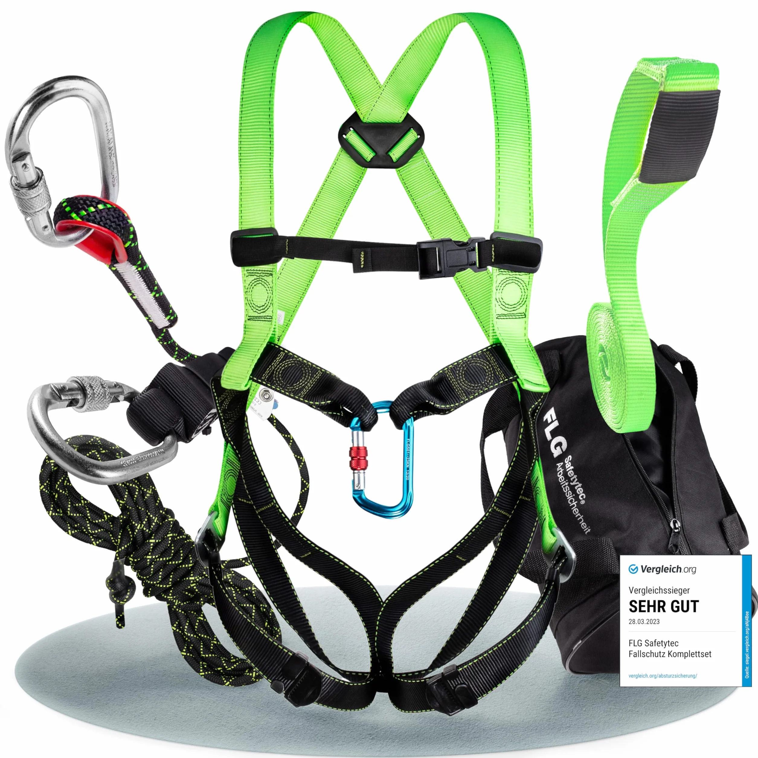 FLG Safetytec Fallschutz Komplettset - 2-Punkt Auffanggurt mit 10m Verbindungsmittel und 2m Bandschlinge für maximale Sicherheit bei Höhenarbeiten gem. EN353 / 361/795