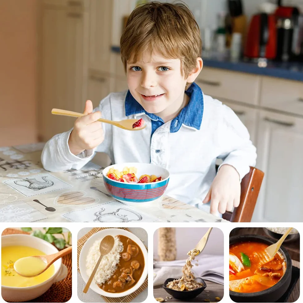 Zestaw drewnianych łyżek, 4 szt. 18 cm drewniana długa rączka łyżka drewniane sztućce łyżki łyżki stołowe japoński styl drewniane przybory kuchenne do jedzenia, mieszanie