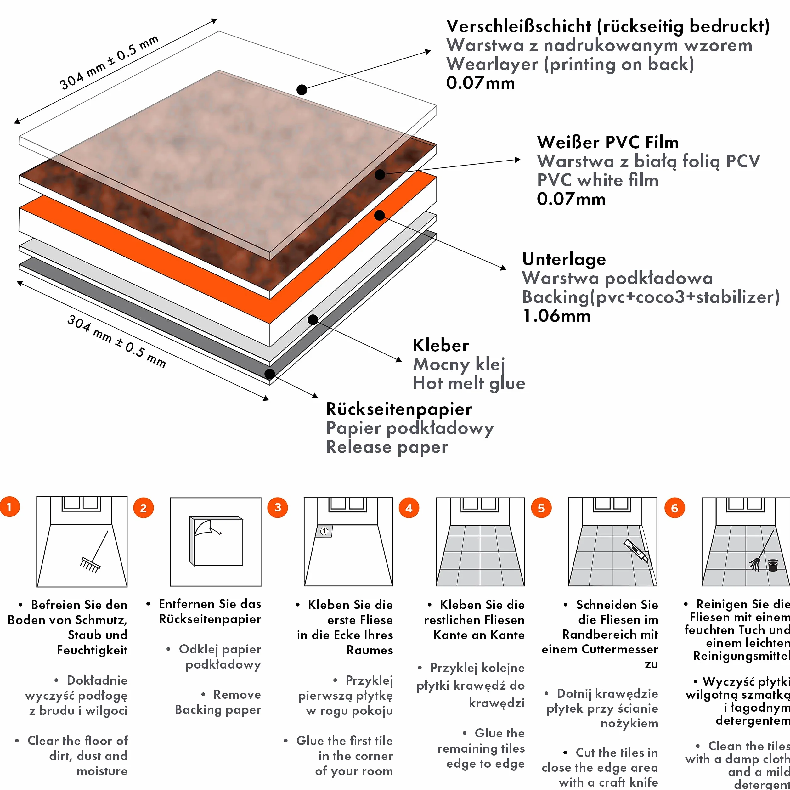 Samoprzylepne Płytki Podłogowe Kafelki 30,5 x 30,5 cm PCV Winylowe wodoodporne odporne na ścieranie do kuchni łazienki pokoju 33 Sztuki – 3m² Jasny Łupek