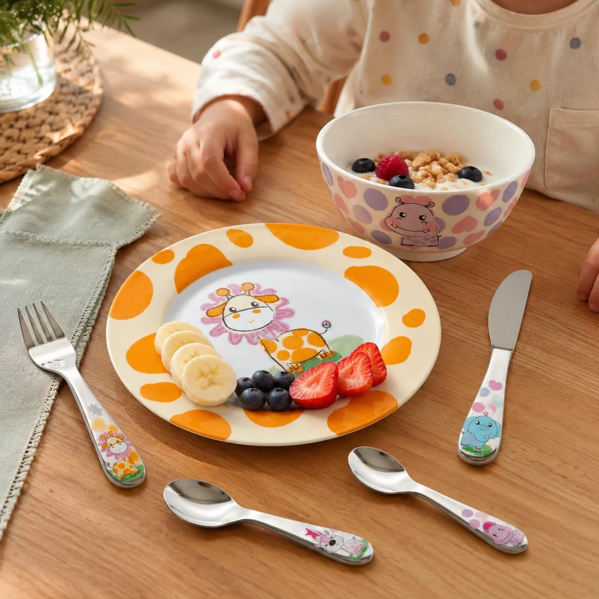 Exzact Zestaw obiadowy dla dzieci, sztućce, zestaw upominkowy, stal nierdzewna, porcelana, 1 miska, 1 x talerz, 1 x nóż obiadowy, 1 x widelec, 1 x łyżeczka, 1 x łyżka stołowa