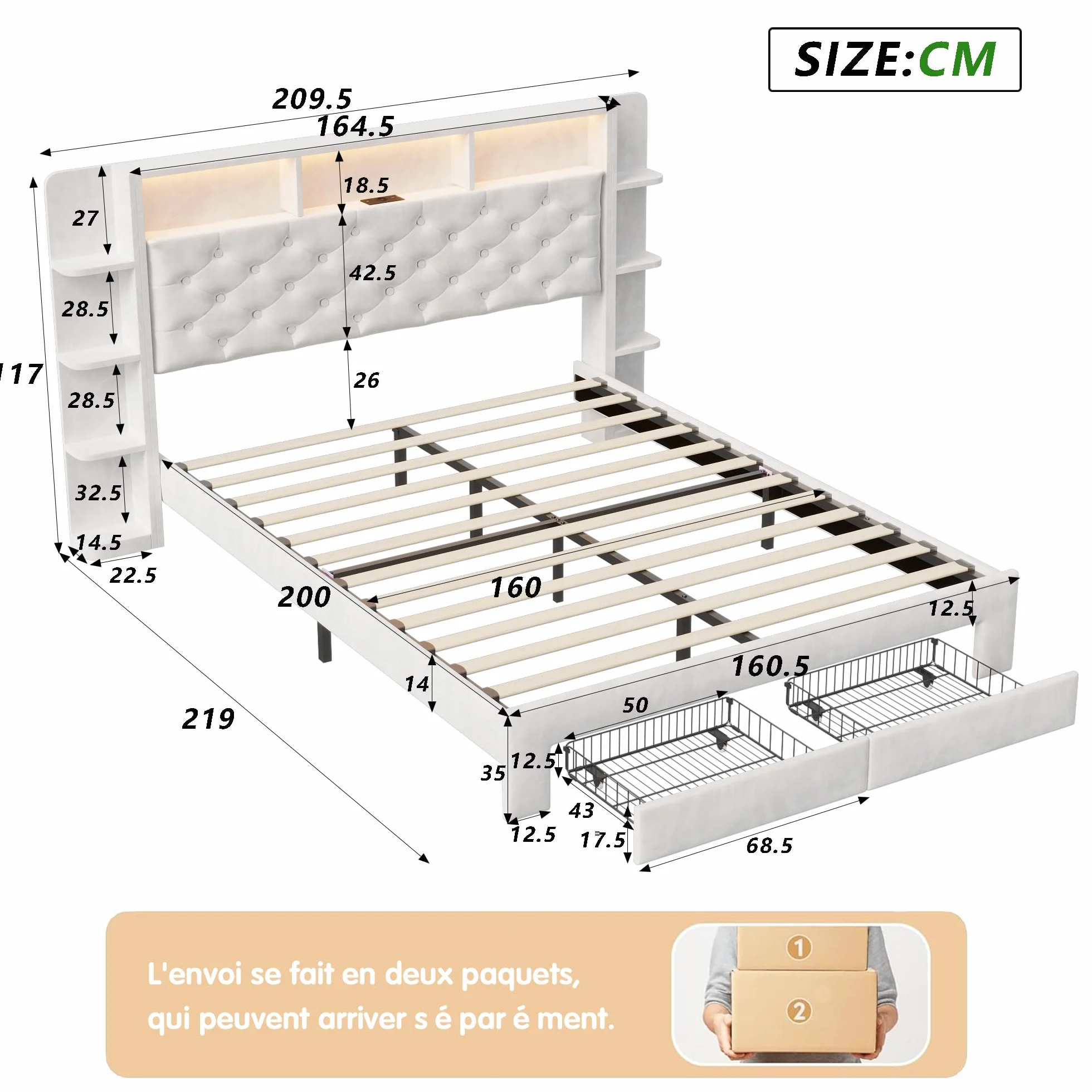 Łóżko dwuosobowe 160 x 200 z miejscem do przechowywania, łóżko szufladowe ze stelażem, łóżka dla dorosłych z oświetleniem LED i portem ładowania USB, dla nastolatków i dorosłych, flanela (biały, 160 ×