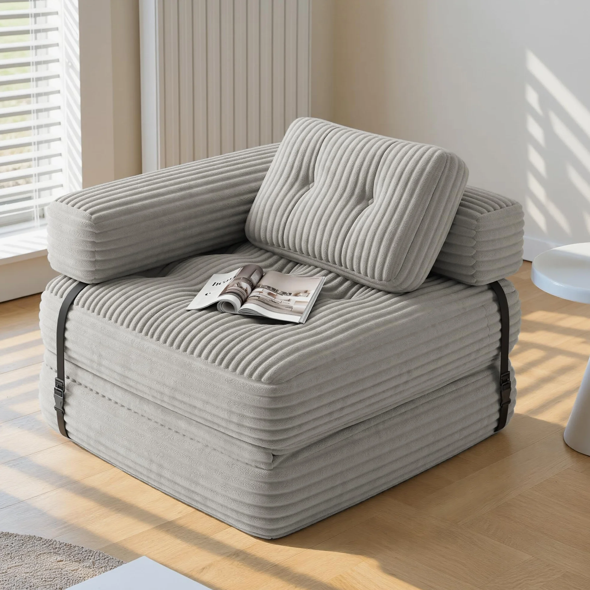Xbro Składana sofa z podłokietnikiem w kształcie litery L, składany fotel 2 w 1 przenośny do małych przestrzeni, sztruksowa tkanina z wypełnieniem piankowym, 190 x 85 cm rozłożony (jasnoszary)